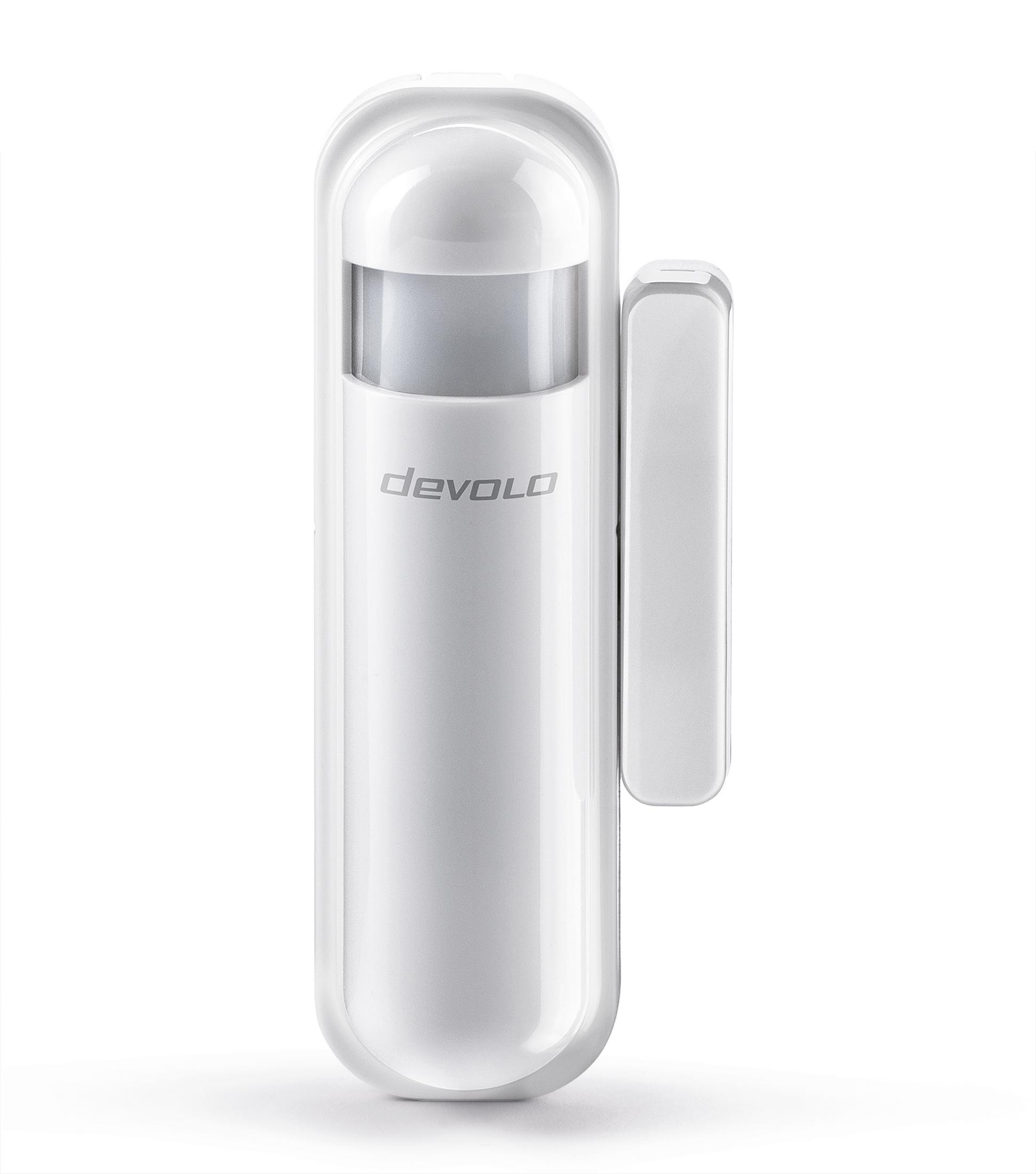 Biały czujnik bezpieczeństwa z logo devolo. Ma długi, pionowy korpus.