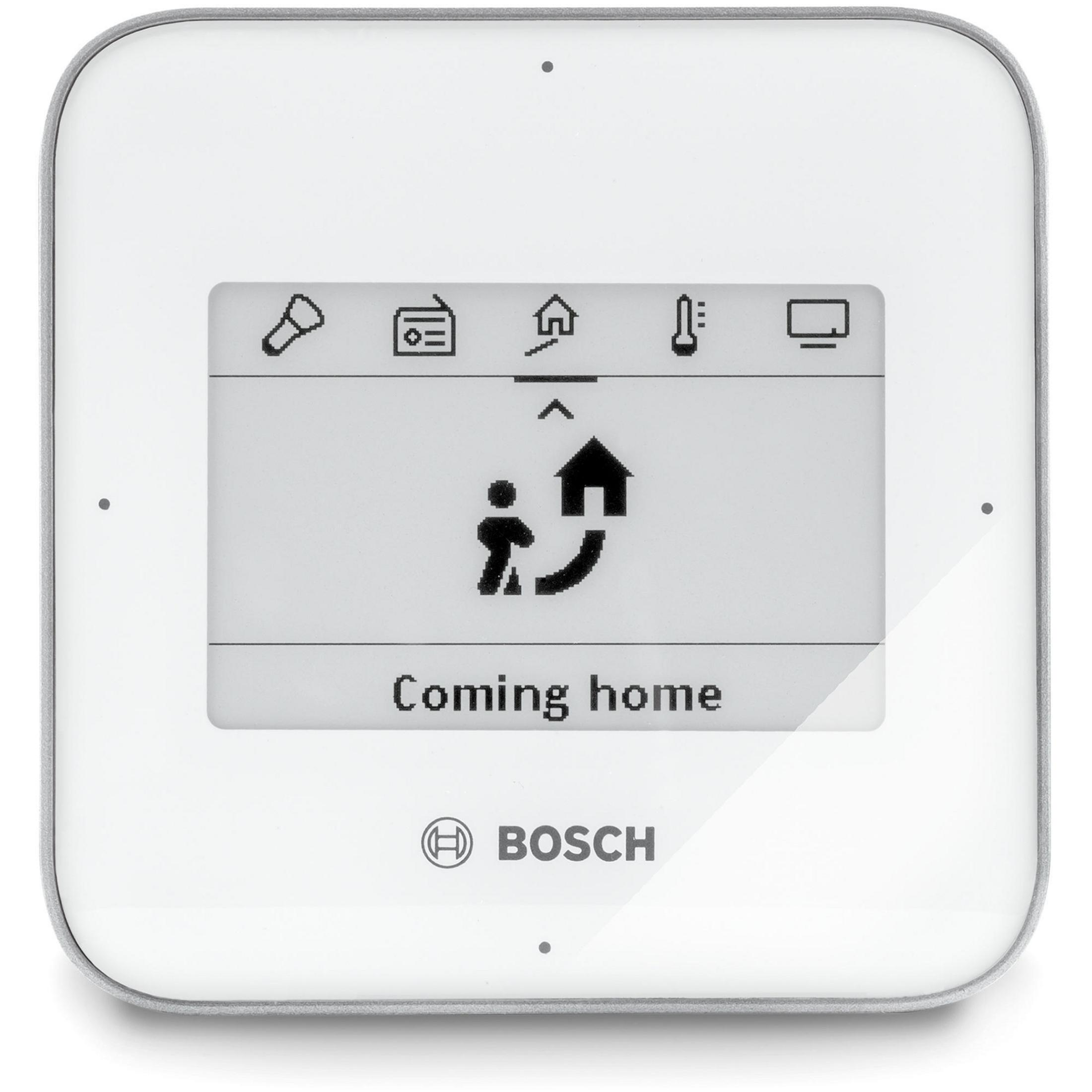 Weißes Smart-Home-Bedienfeld mit Bildschirm, der Symbole und Text zeigt.