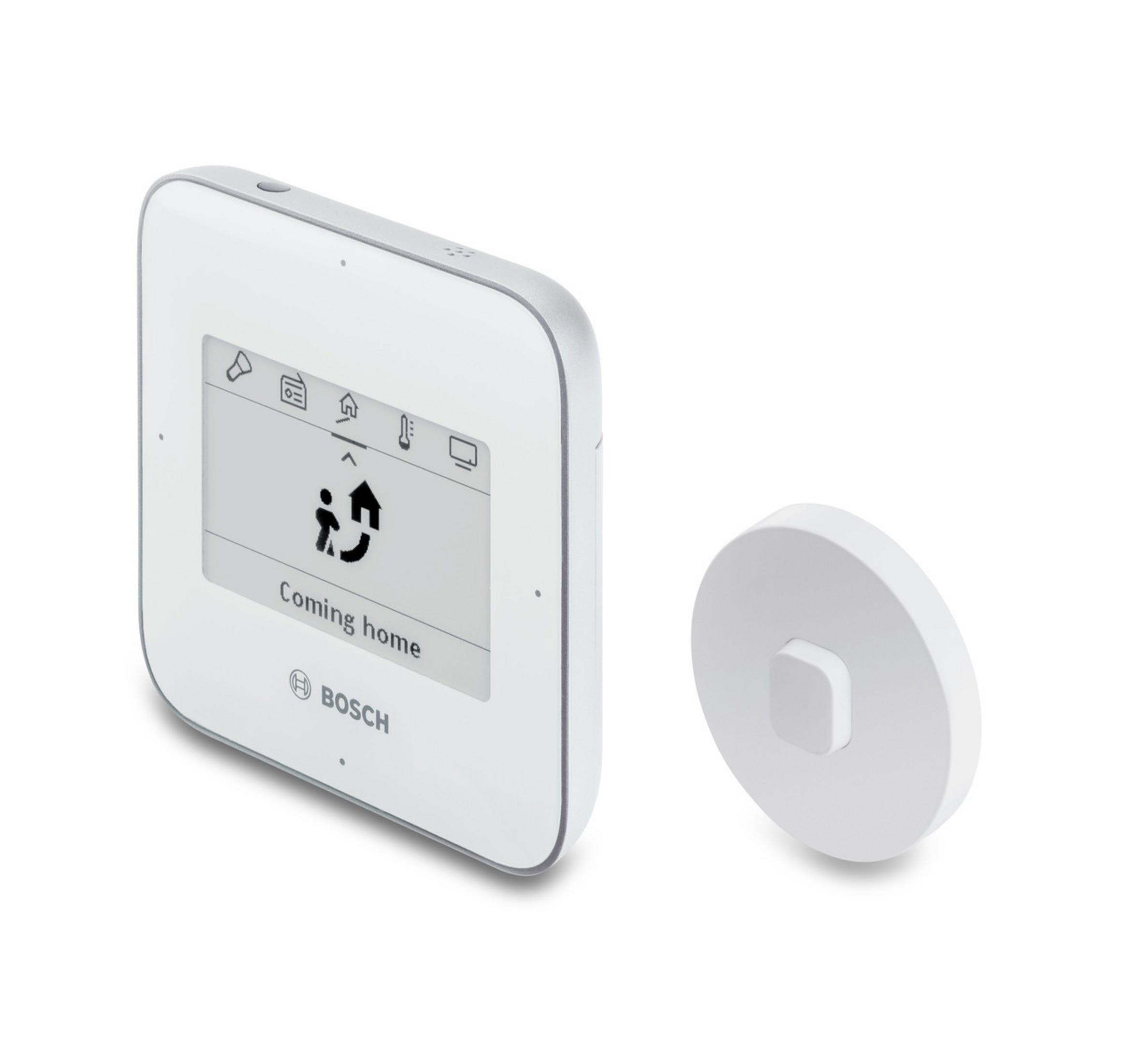 Weißes Smart-Home-Bedienfeld mit rundem weißen Knopf.