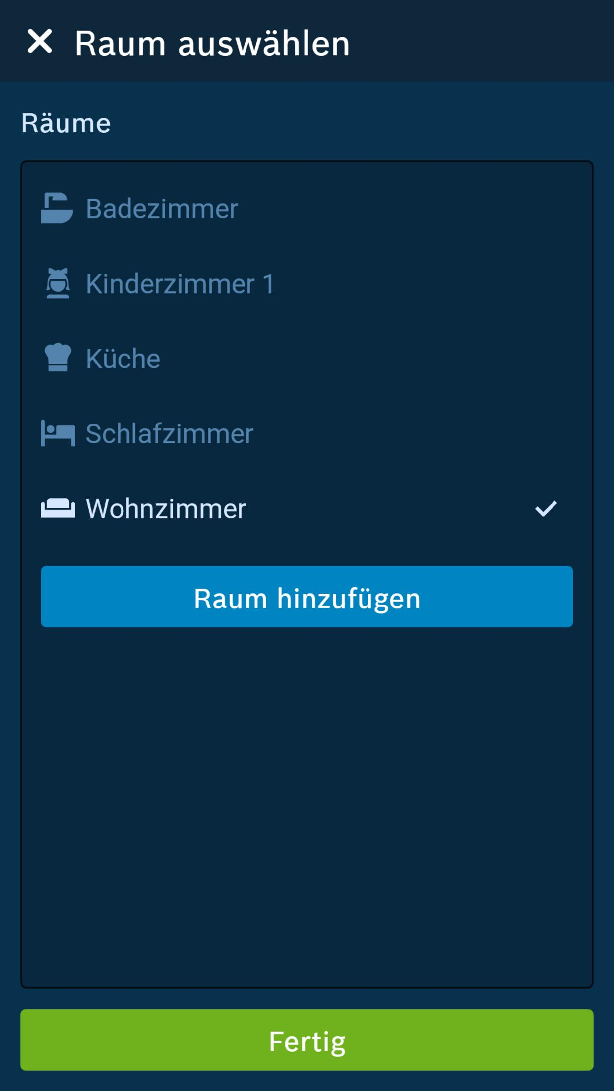 Screenshot eines Menüs zur Raumauswahl. Optionen umfassen Bad, Küche, Wohnzimmer.