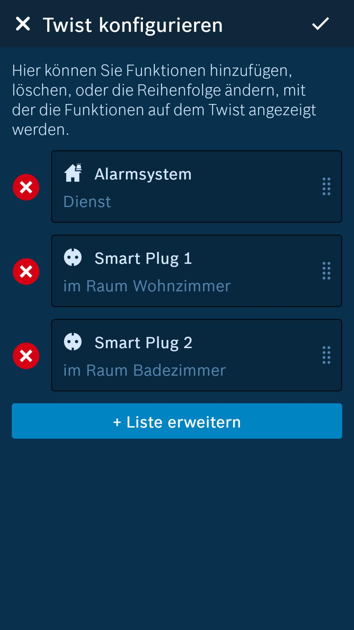Ein Telefonbildschirm mit einem deutschen Konfigurationsmenü. Optionen sind 'Alarmsystem' und 'Smart Plug'.
