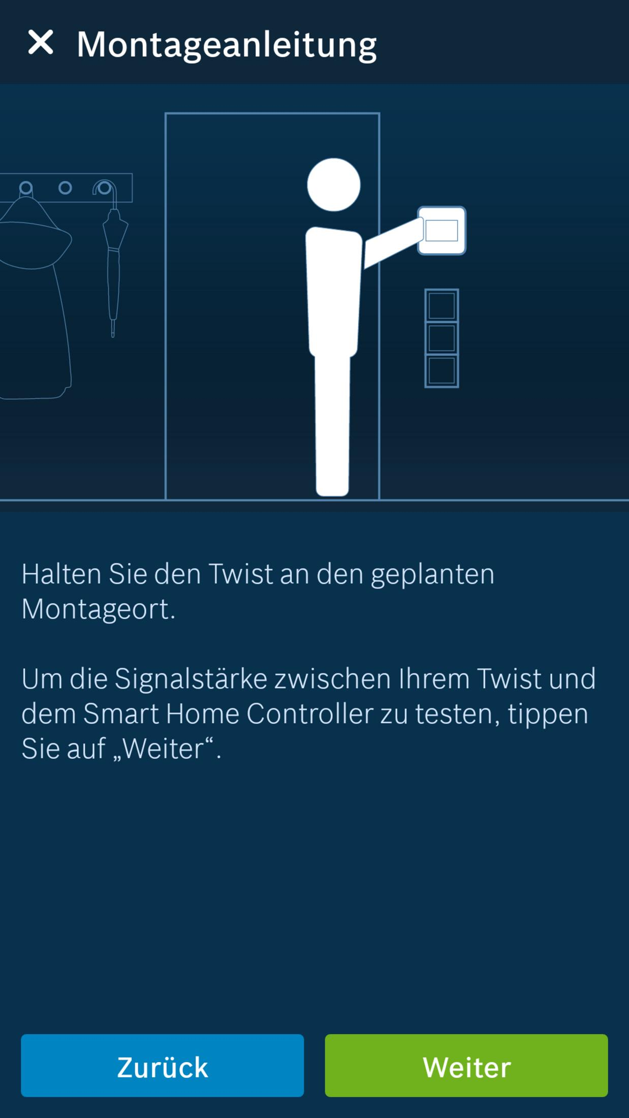 Ein Smartphone-Bildschirm mit Anweisungen auf Deutsch. Text und Symbole erscheinen. Blaue und grüne Tasten unten.