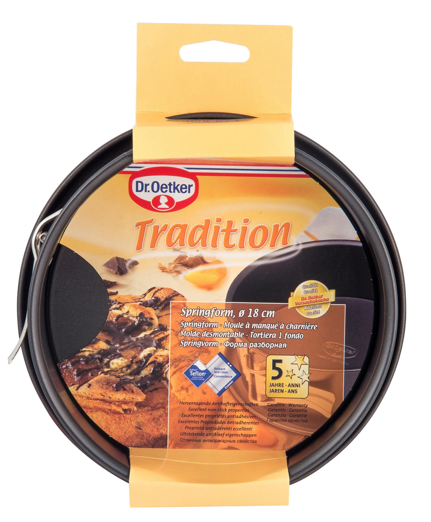 Eine runde Dr. Oetker Tradition Springform-Pfanne mit Kuchenillustration.