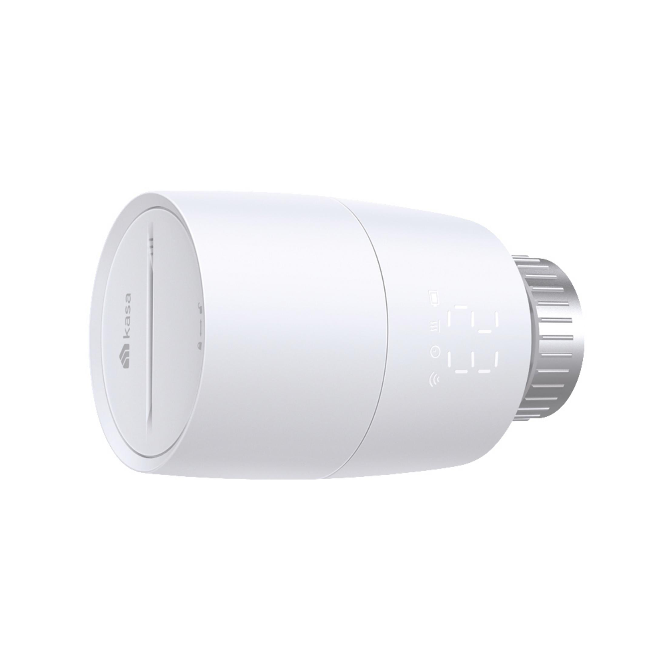 White smart thermostat with digital display.