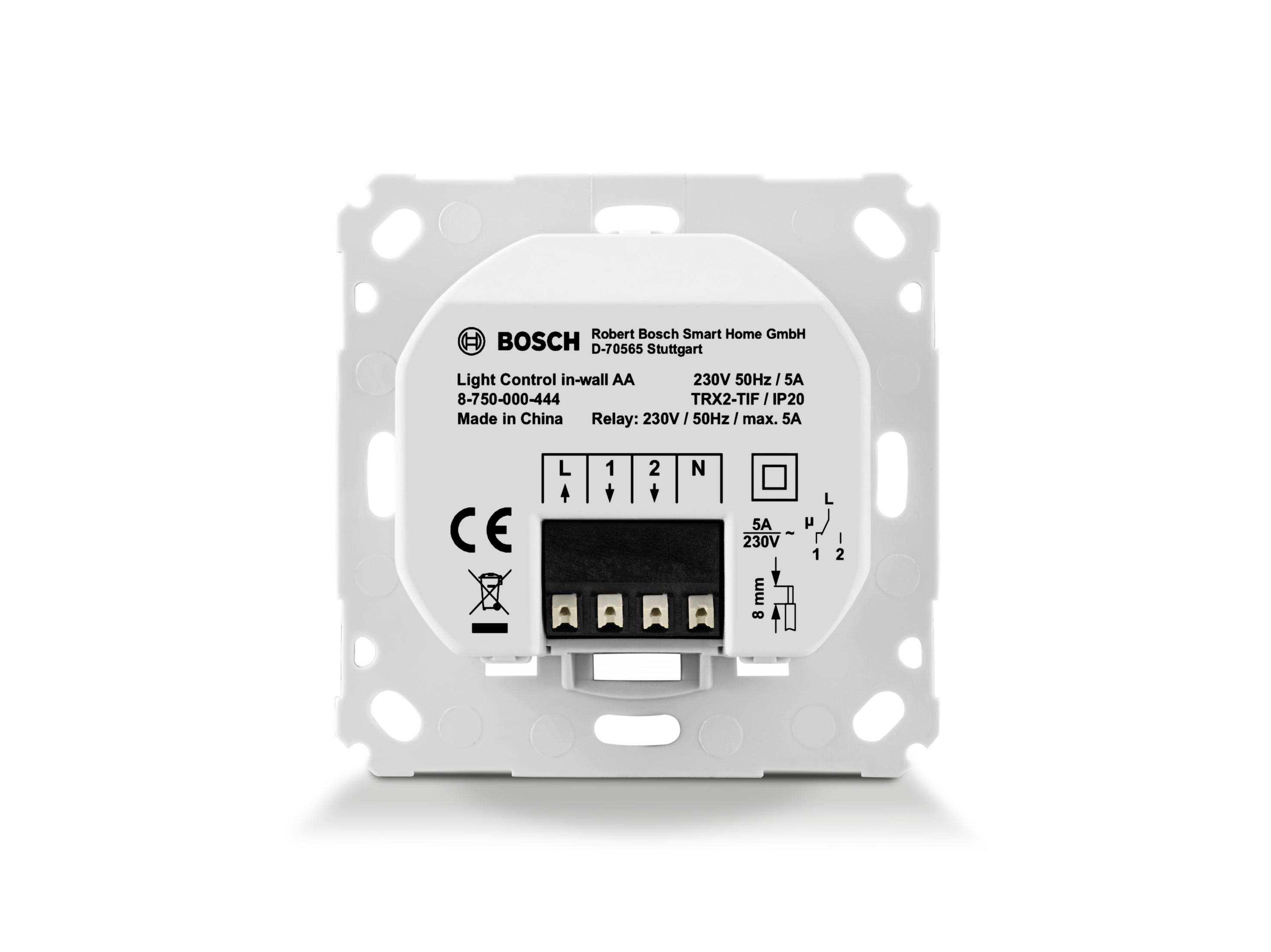 Lichtschalter, weiß. Zeigt die Rückseite mit Produktdetails und Kabelanschlüssen.