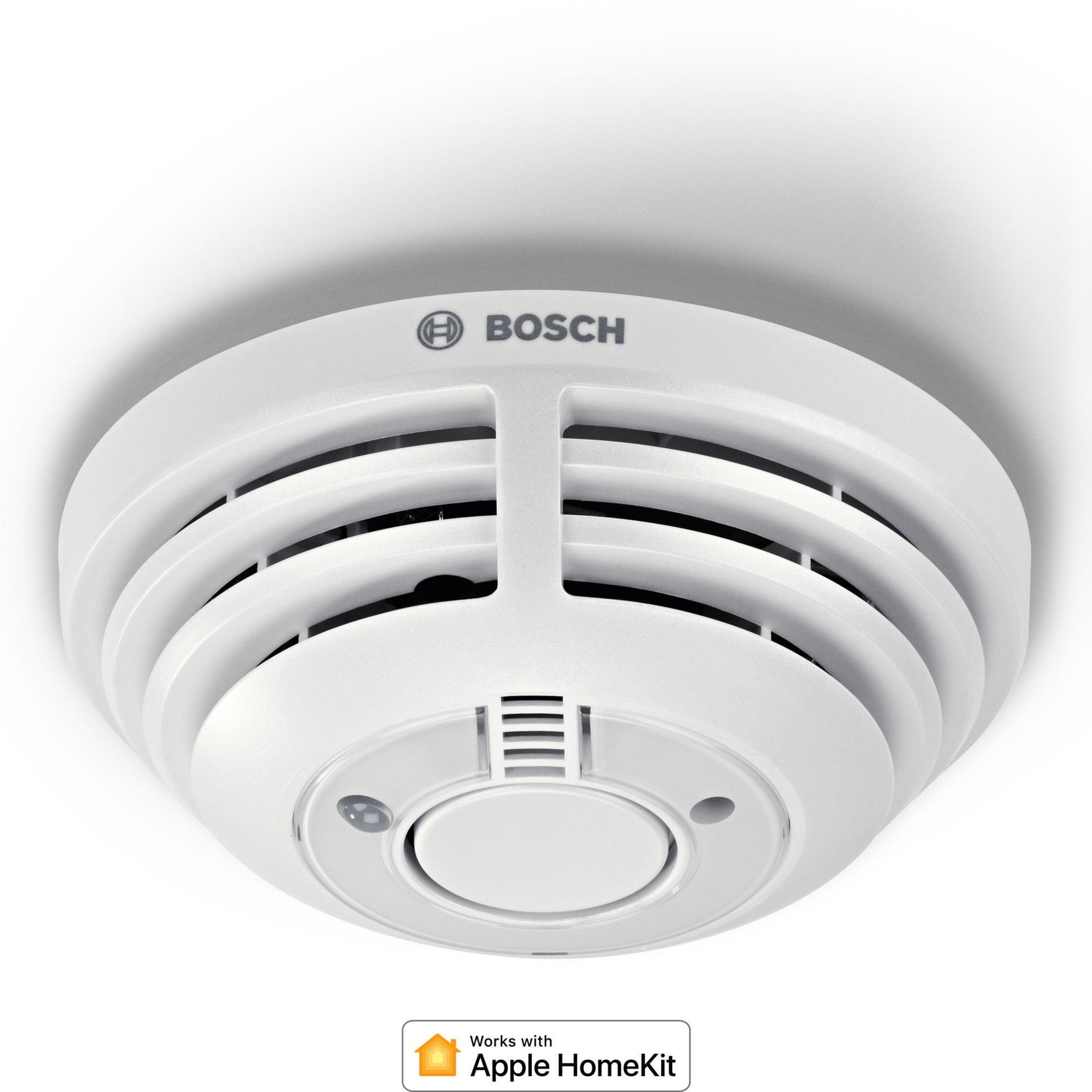 Weißer Rauchmelder mit Bosch-Logo und Apple HomeKit-Logo.