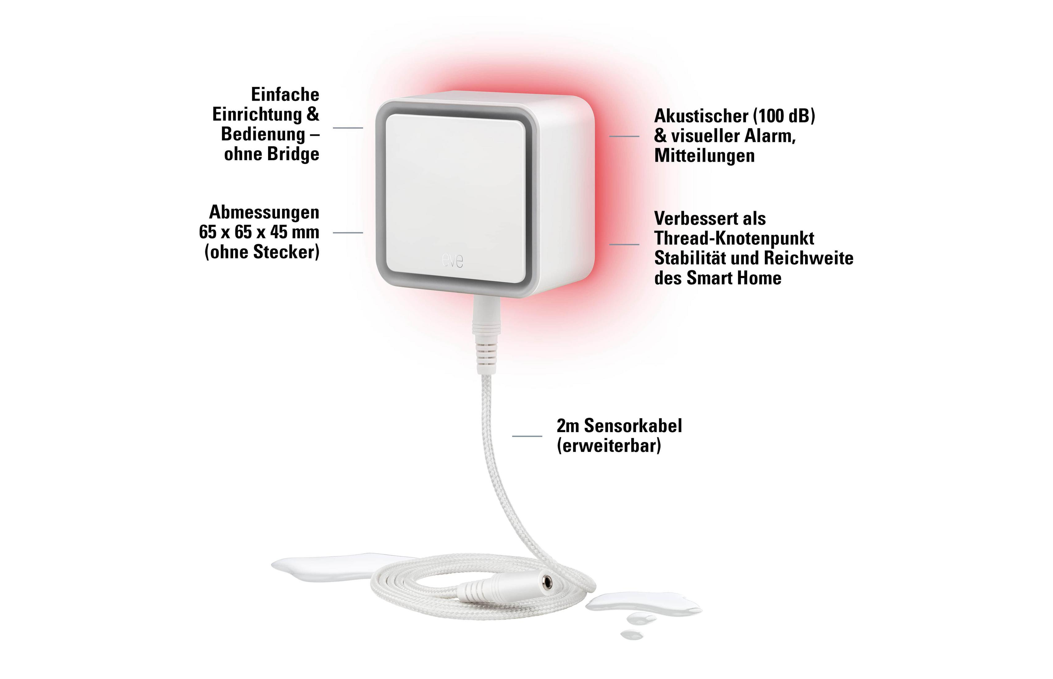 Un dispositivo para el hogar inteligente blanco con luz roja. Texto en alemán describe características.