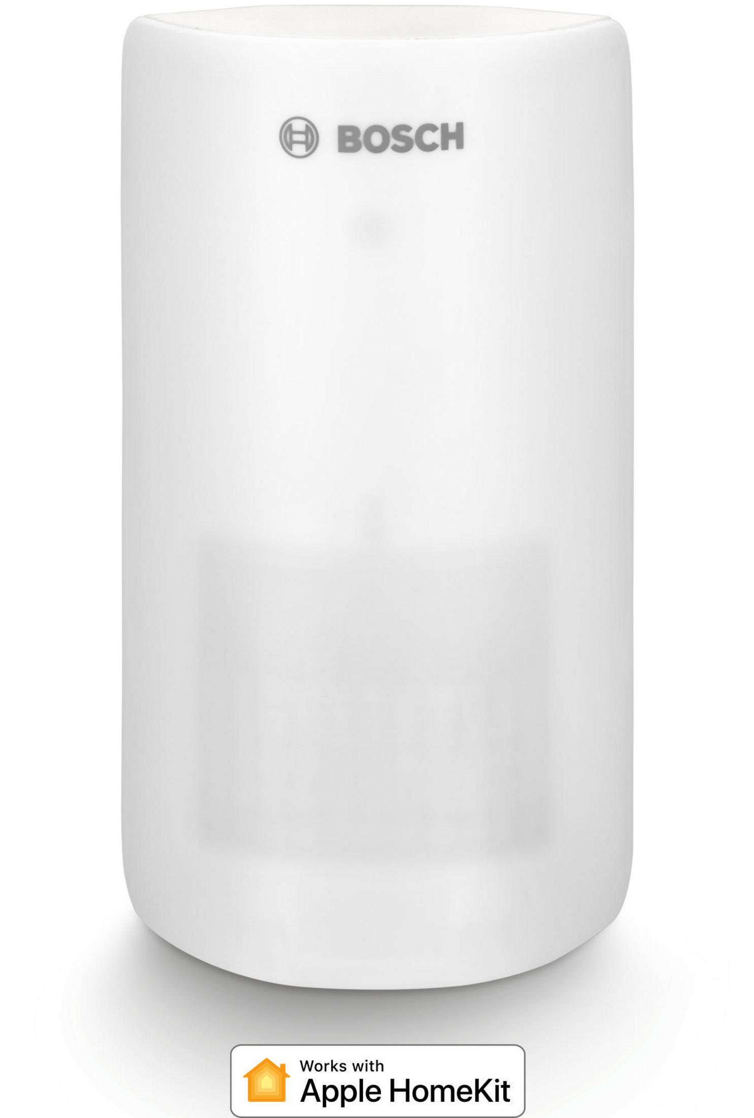 Biały czujnik ruchu Bosch, cylindryczny kształt, z logo Apple HomeKit.