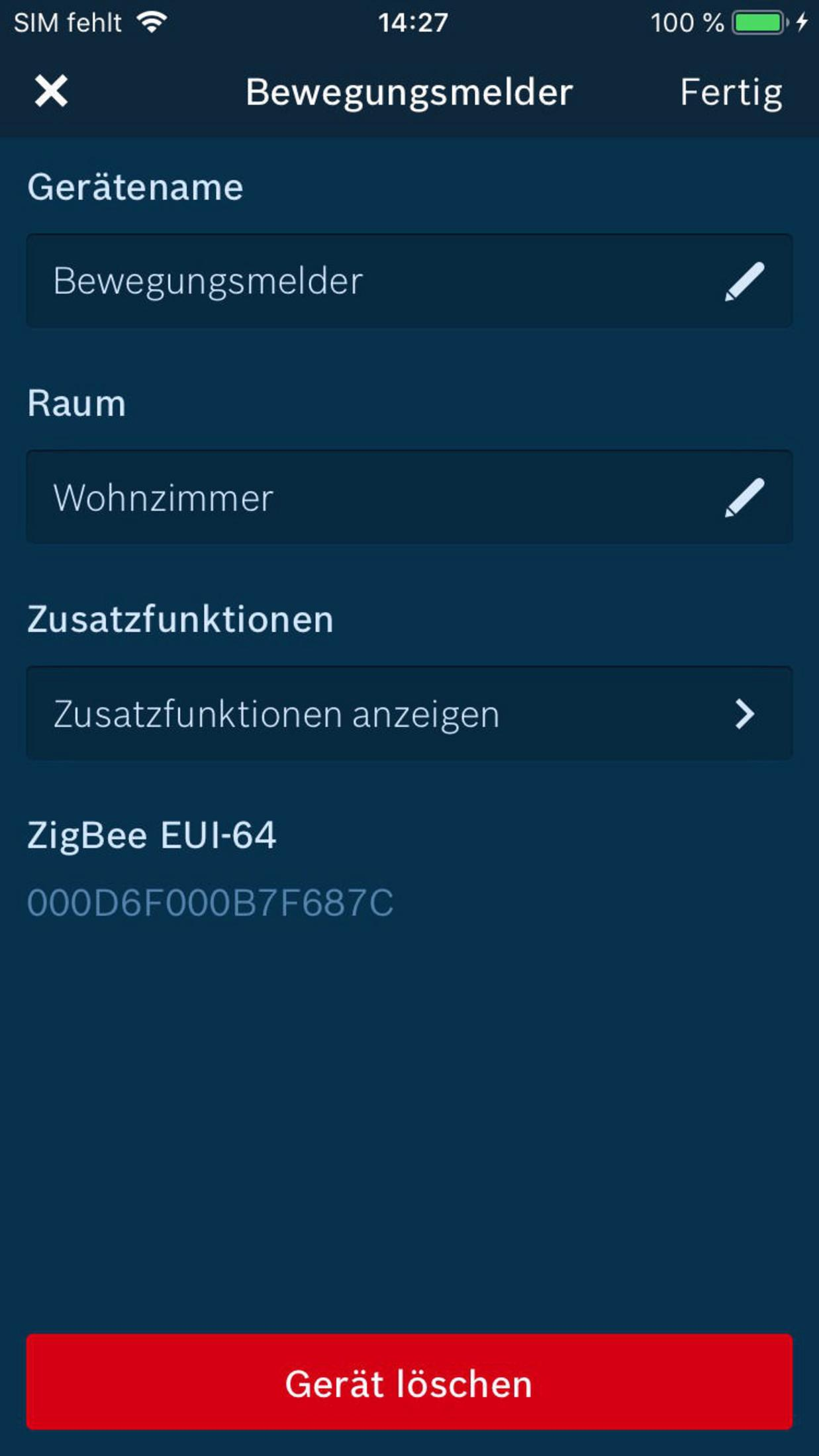 Ekran smartfona wyświetlający menu ustawień czujnika ruchu. Tekst w języku niemieckim.