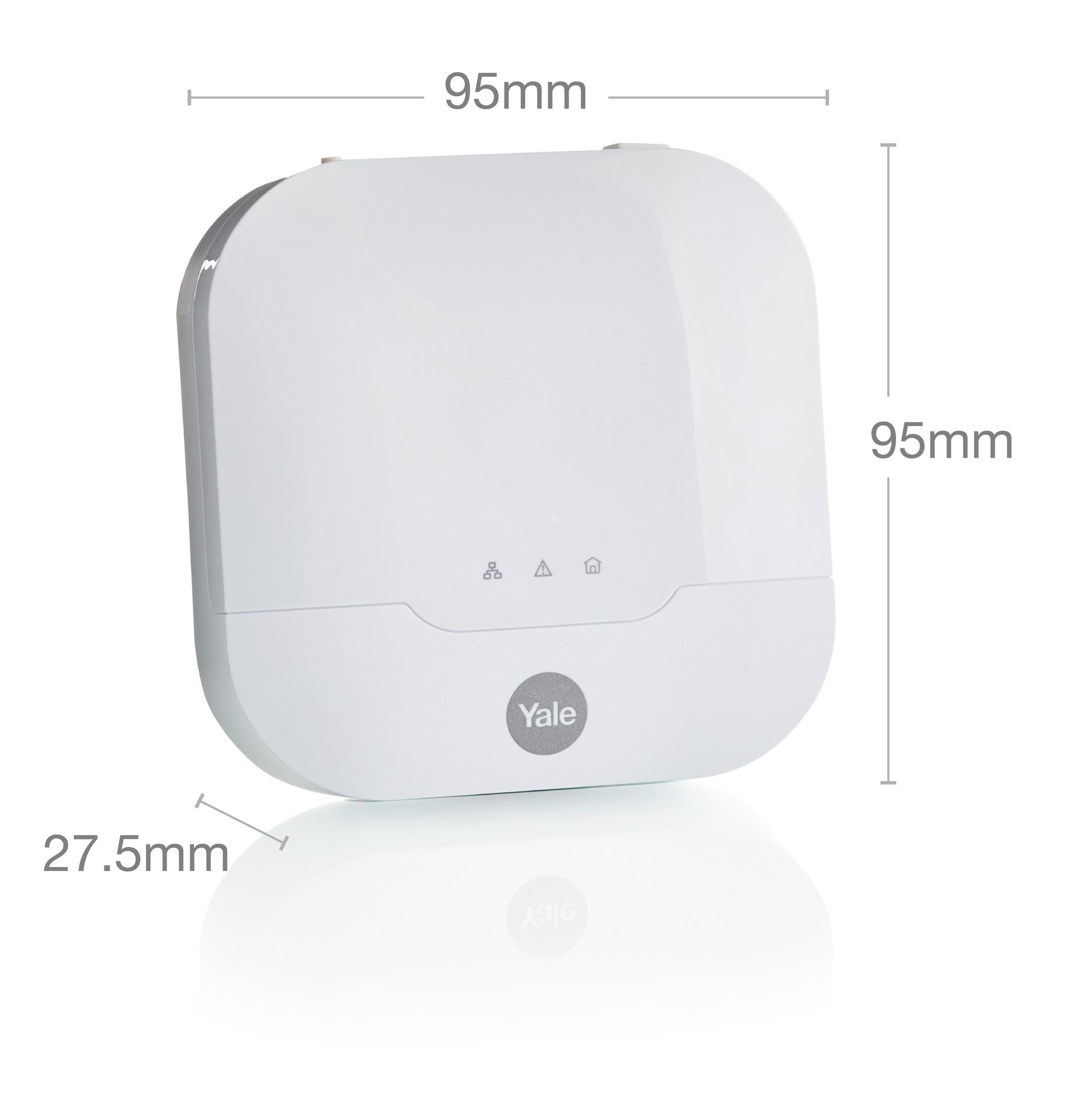 Weißer Yale Smart Hub. Rechteckige Form mit abgerundeten Ecken. Text und Maße sind auf dem Bild.