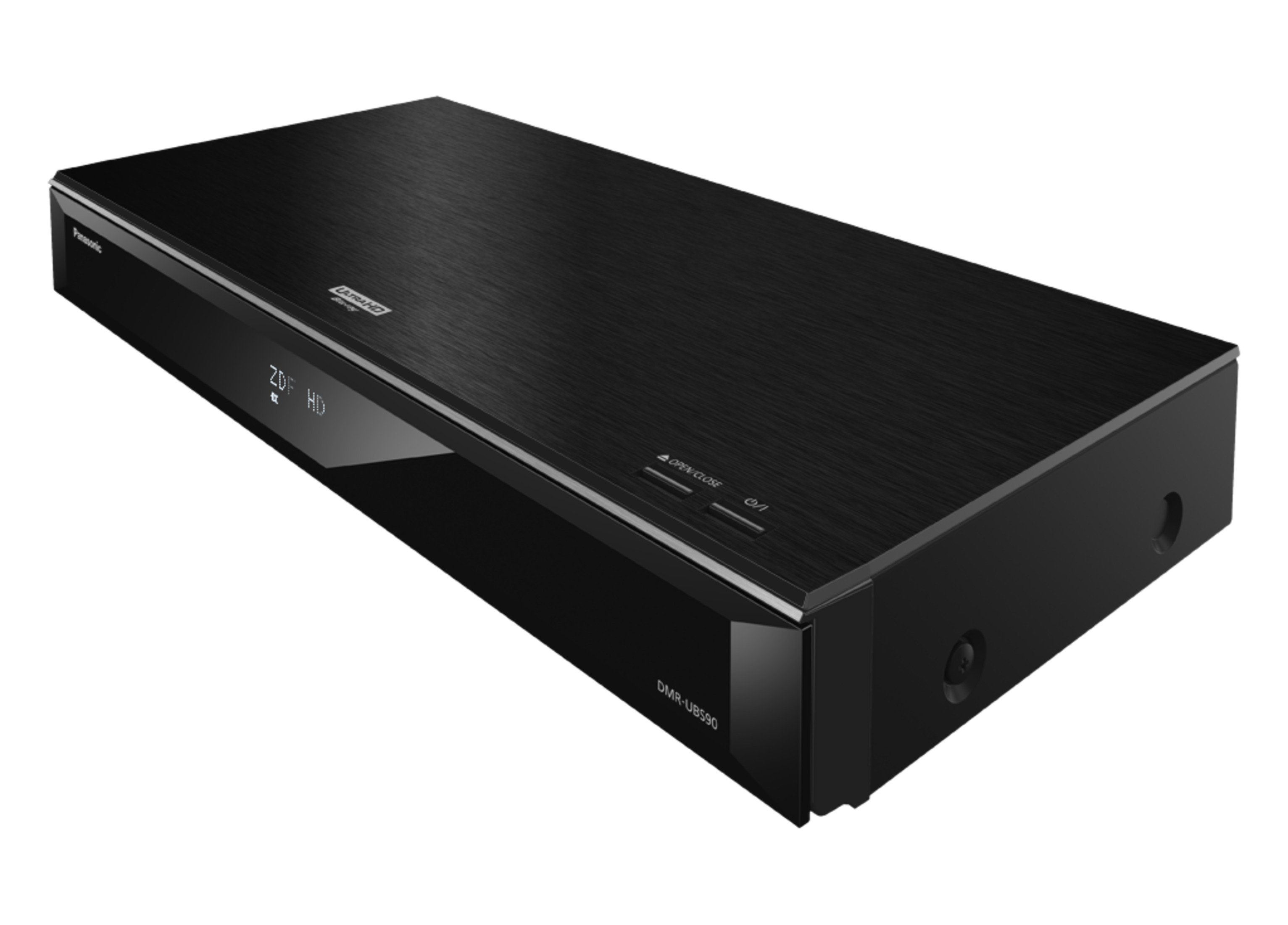 Ein schwarzer Panasonic Blu-ray-Player mit Display und Knöpfen, auf Weiß.