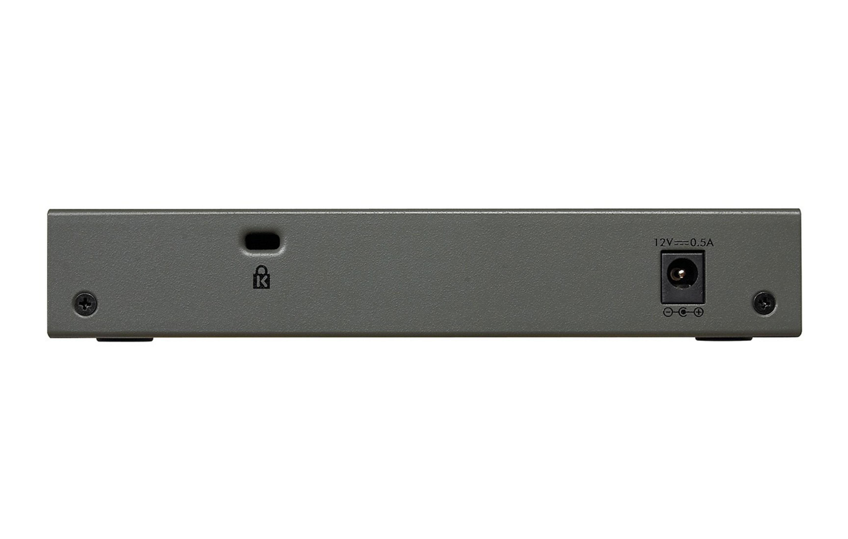 Retro di uno switch di rete Netgear grigio, con porta di alimentazione e viti.
