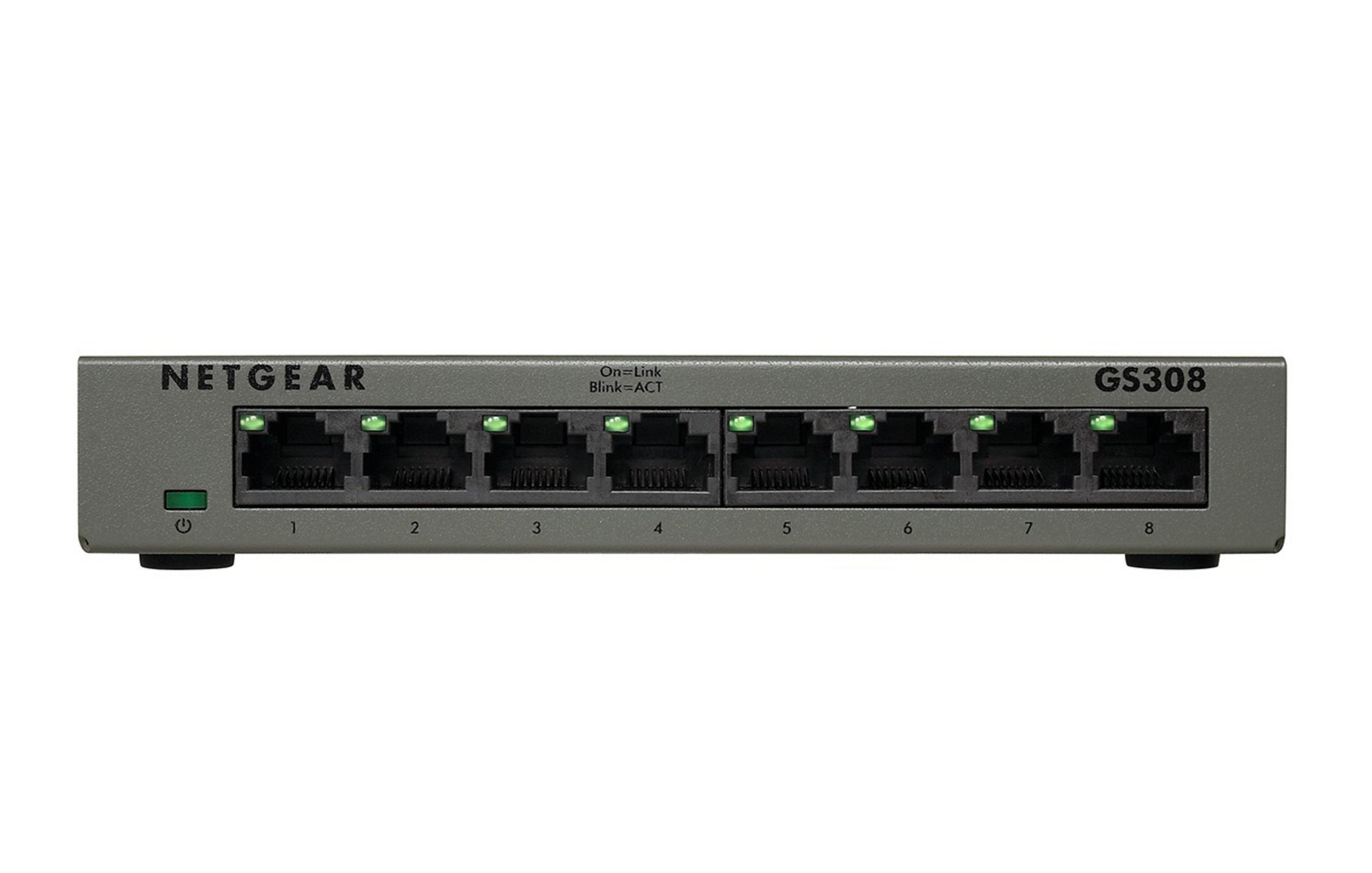 Vista frontale di uno switch di rete Netgear GS308 con otto luci verdi attive.