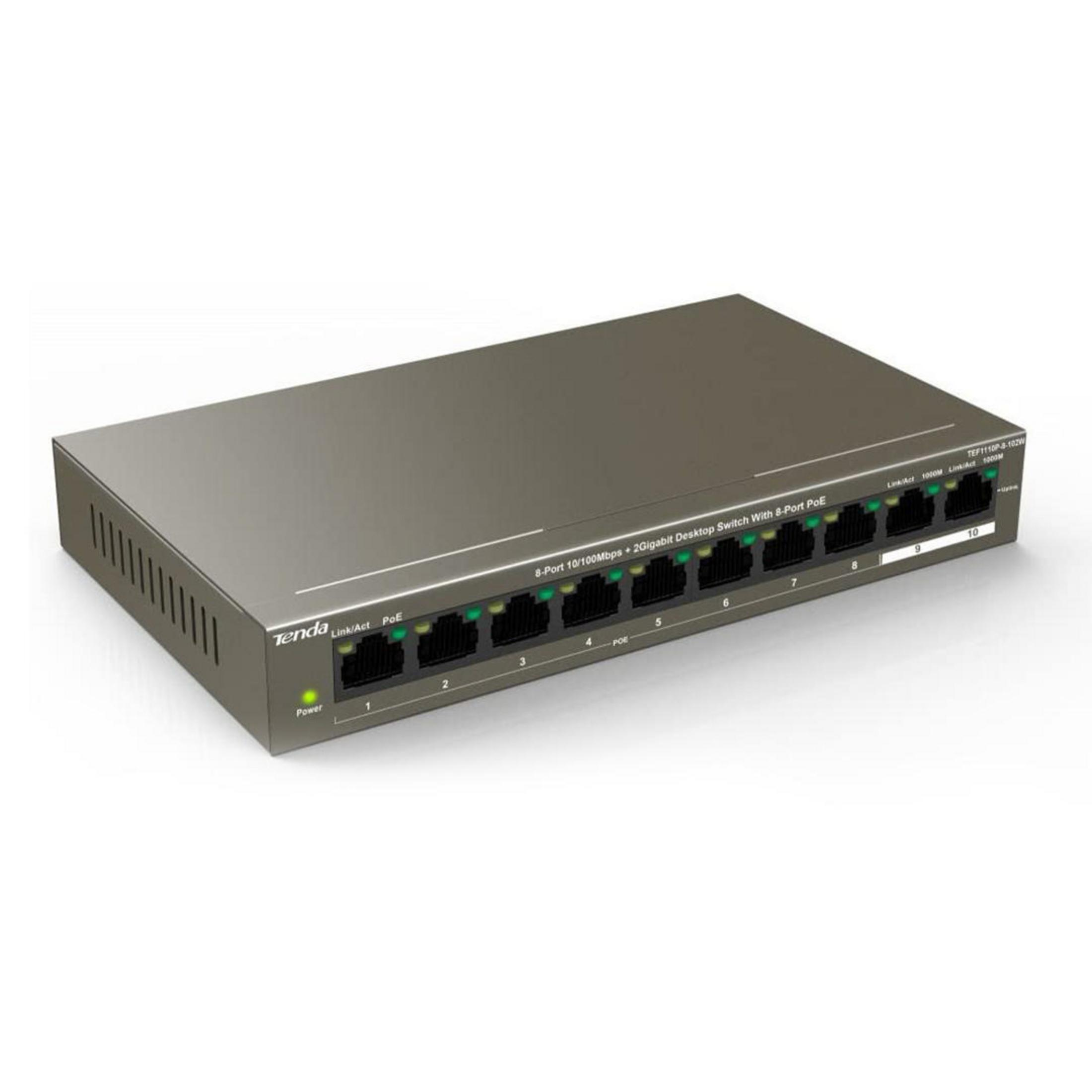 Beyaz zemin üzerinde izole edilmiş, 8 portlu, güç ve bağlantı/etkinlik ışıklarına sahip gri bir 8 portlu Ethernet anahtarı.