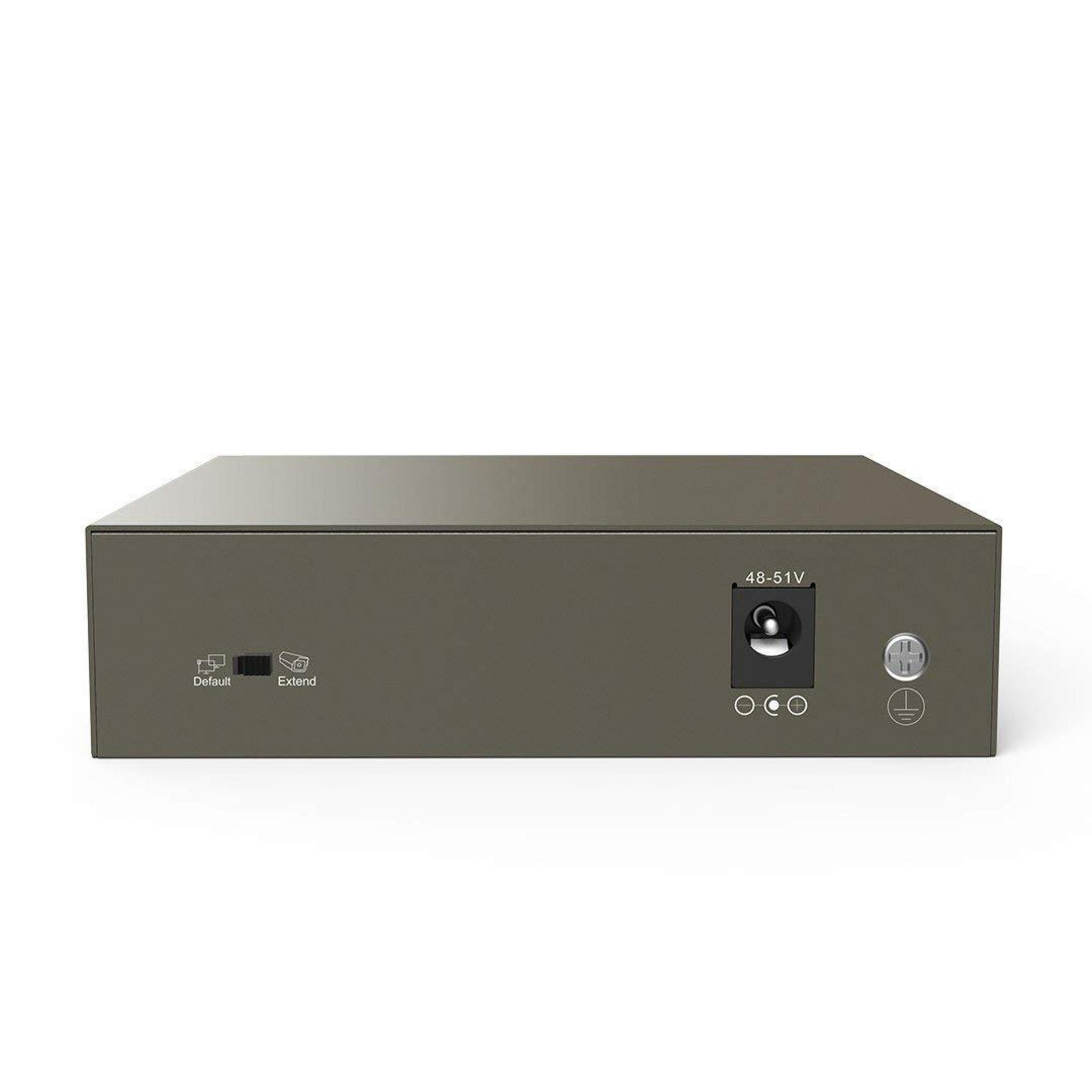 Un dispositivo elettronico grigio con porte etichettate. Un pulsante di accensione e altri ingressi.