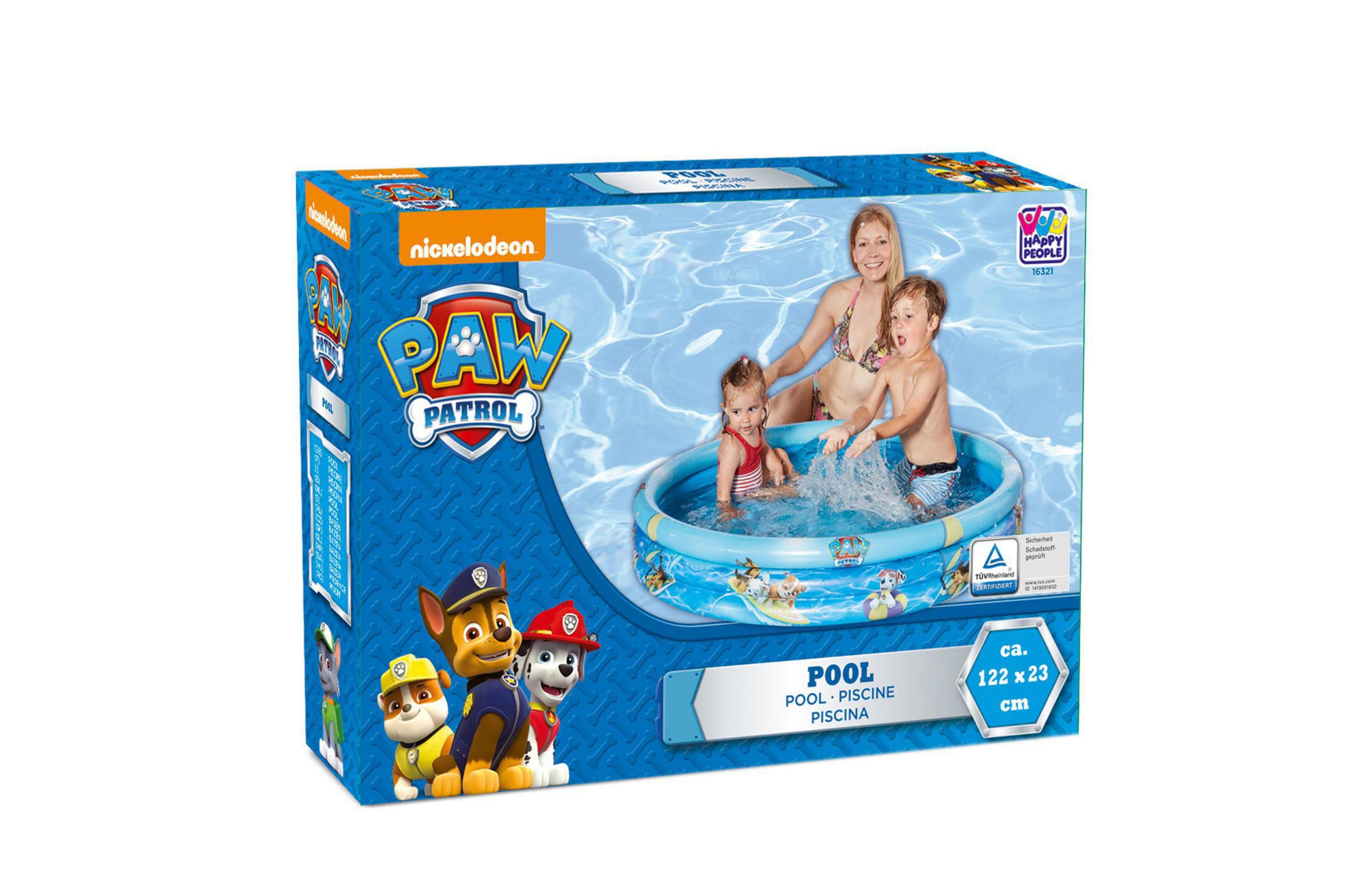 Karton einer Paw Patrol Pool-Spielzeug. Zeigt Kinder beim Spielen im Pool mit Zeichentrickfiguren. Blau und bunt.