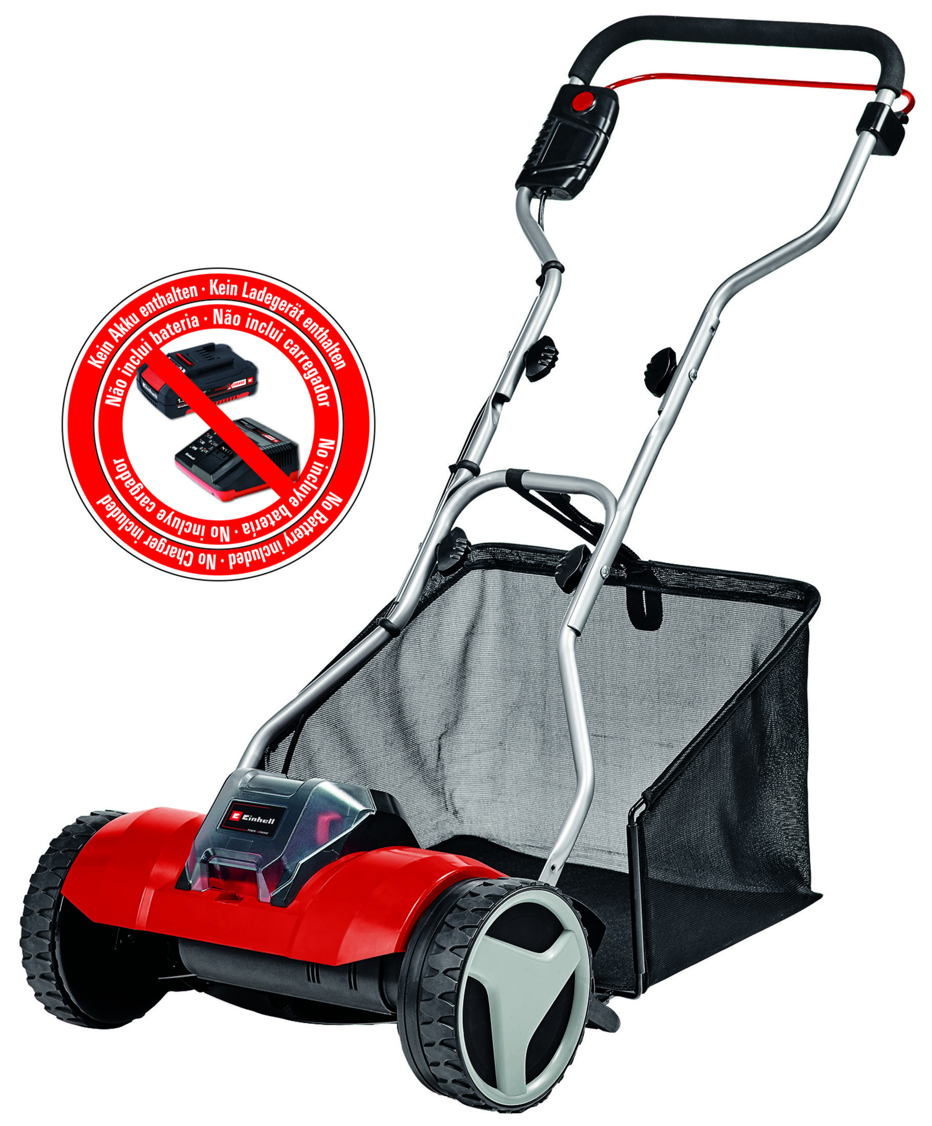 Roter und silberner Rasenmäher mit schwarzem Netzbeutel und einem Warnhinweis ohne Batterie.