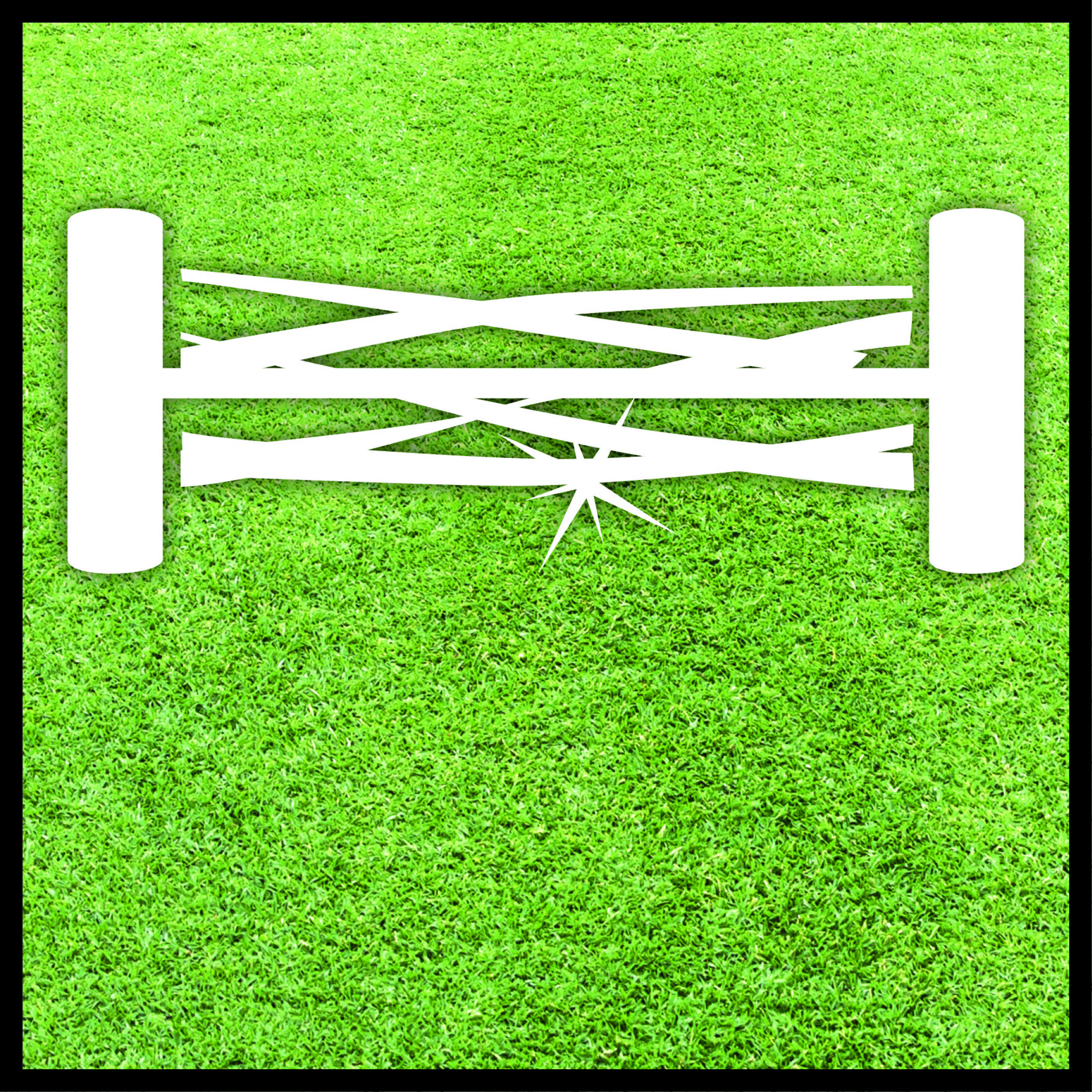 Eine einfache Grafik auf Gras. Es zeigt zwei weiße Pfosten und Linien in einem Feld.