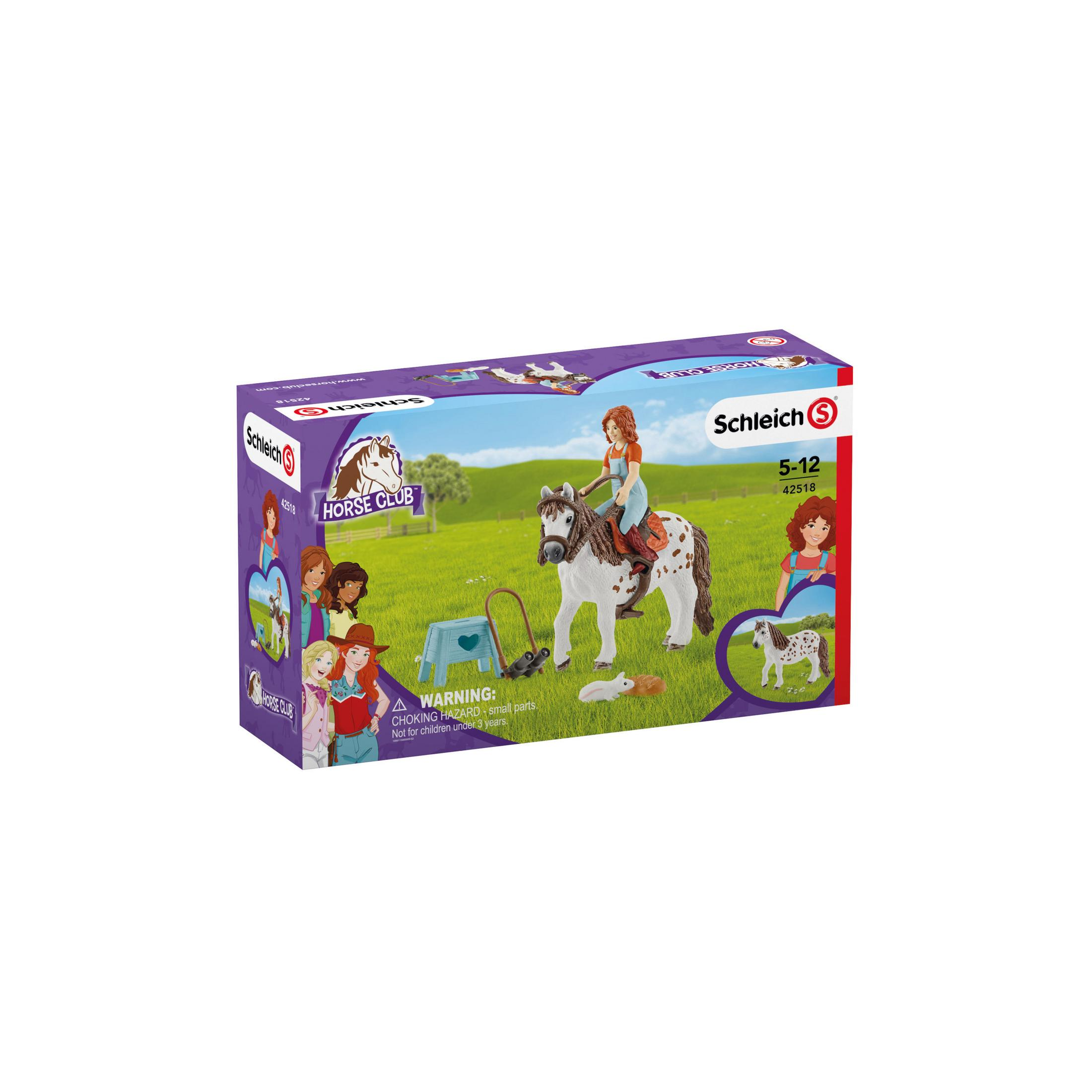 Boîte avec un cheval et un cavalier jouets. La boîte montre une fille, un cheval et des accessoires. La marque est Schleich.