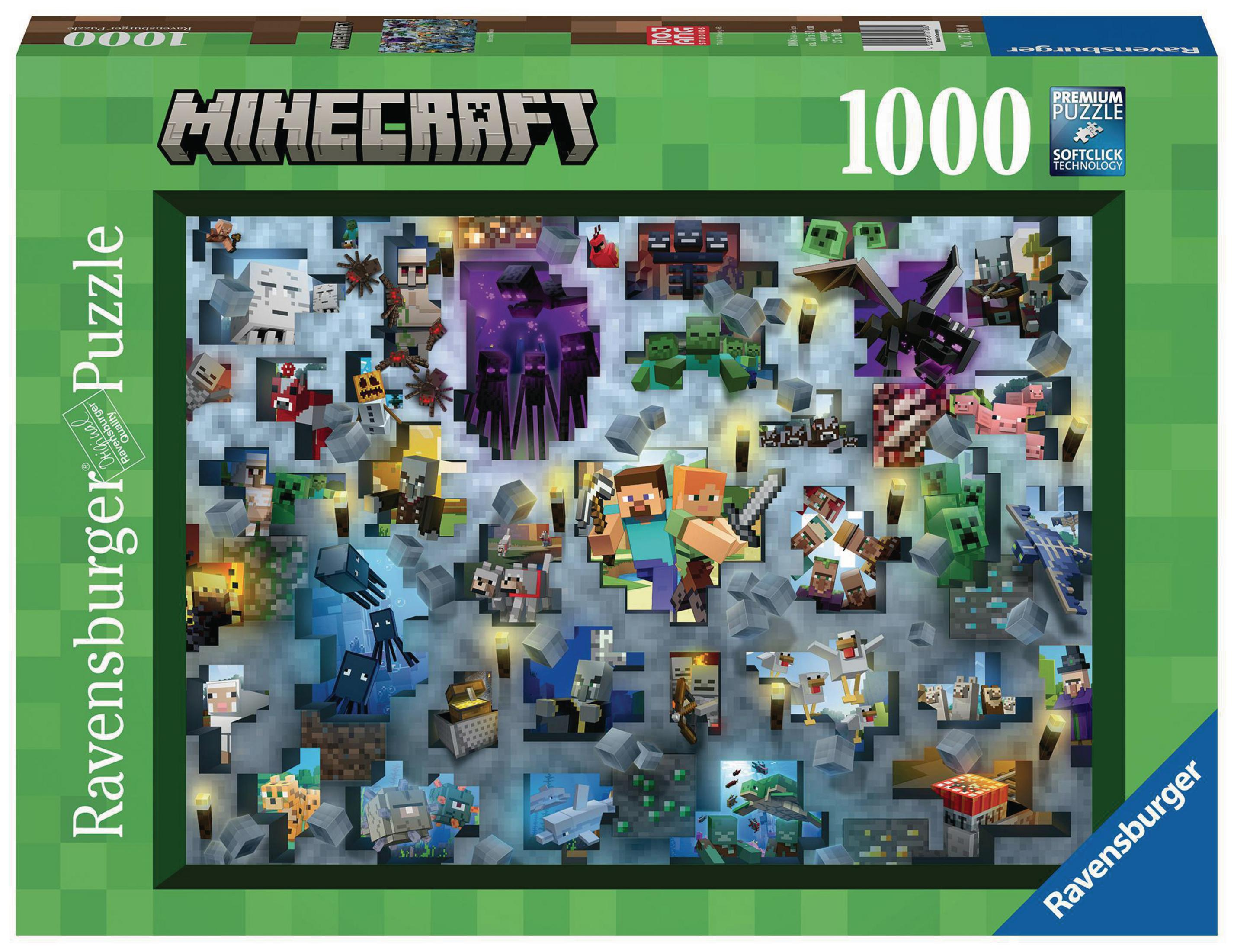 Puzzle Minecraft z różnymi postaciami i zieloną obwódką, 1000 elementów.