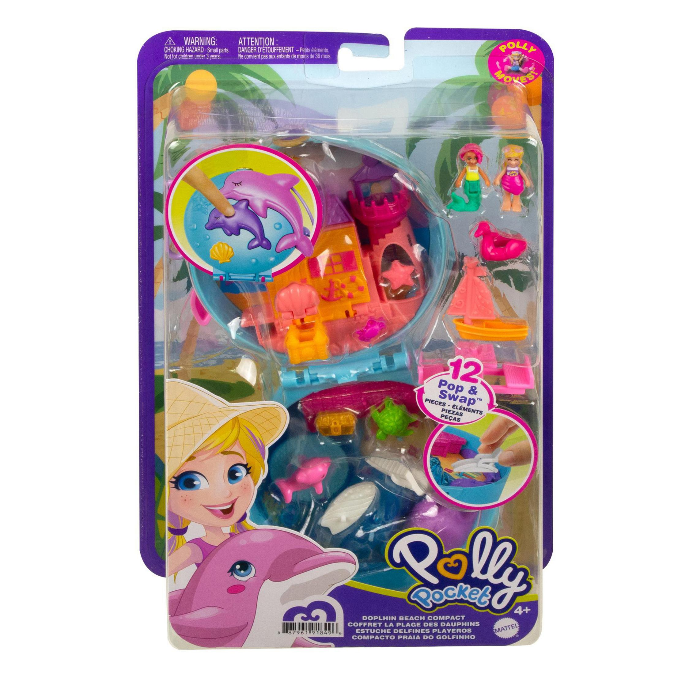 Zestaw Polly Pocket w opakowaniu, z lalkami i akcesoriami.