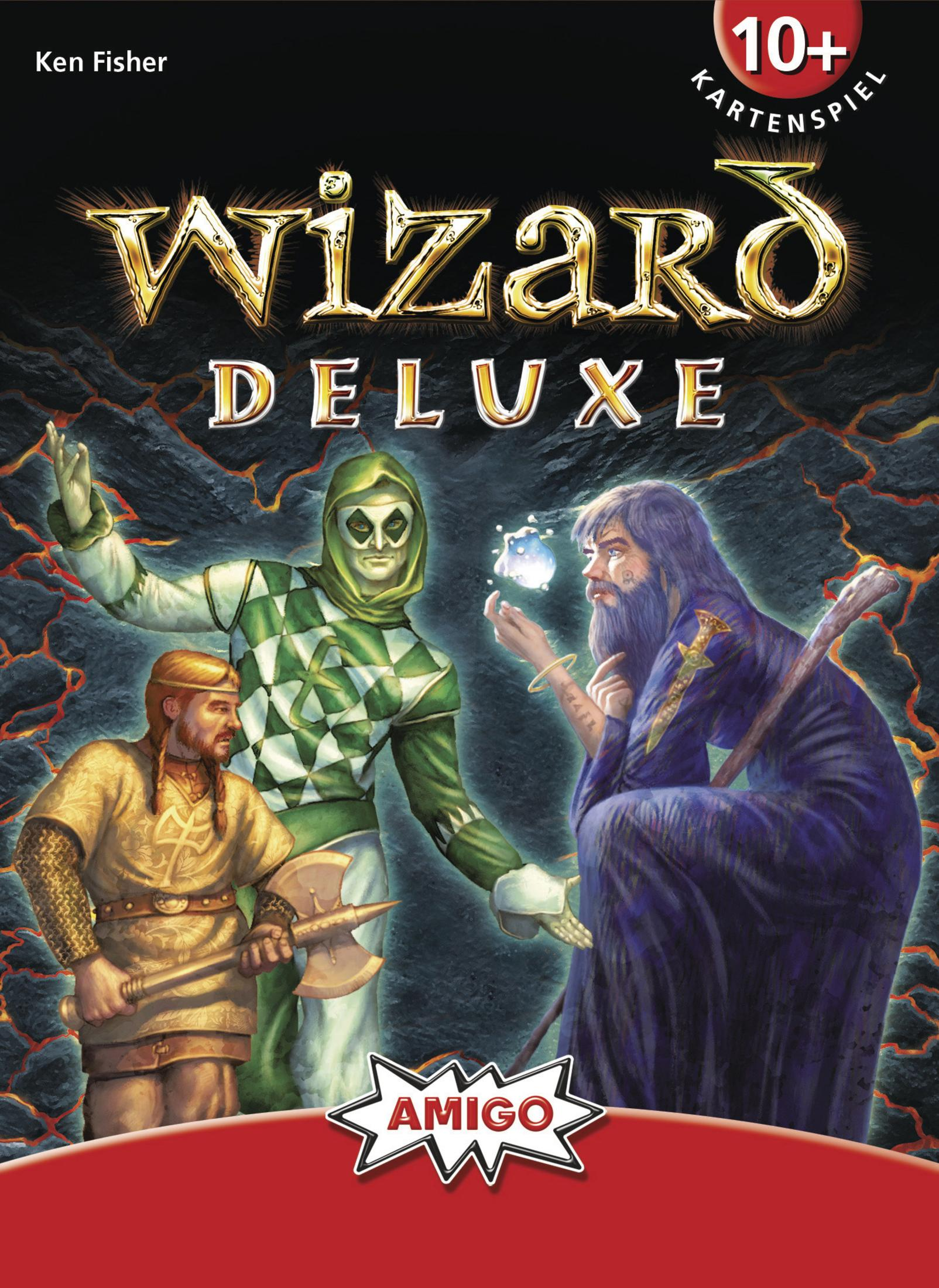 Wizard Deluxe Brettspielbox mit drei Figuren und rotem Banner.