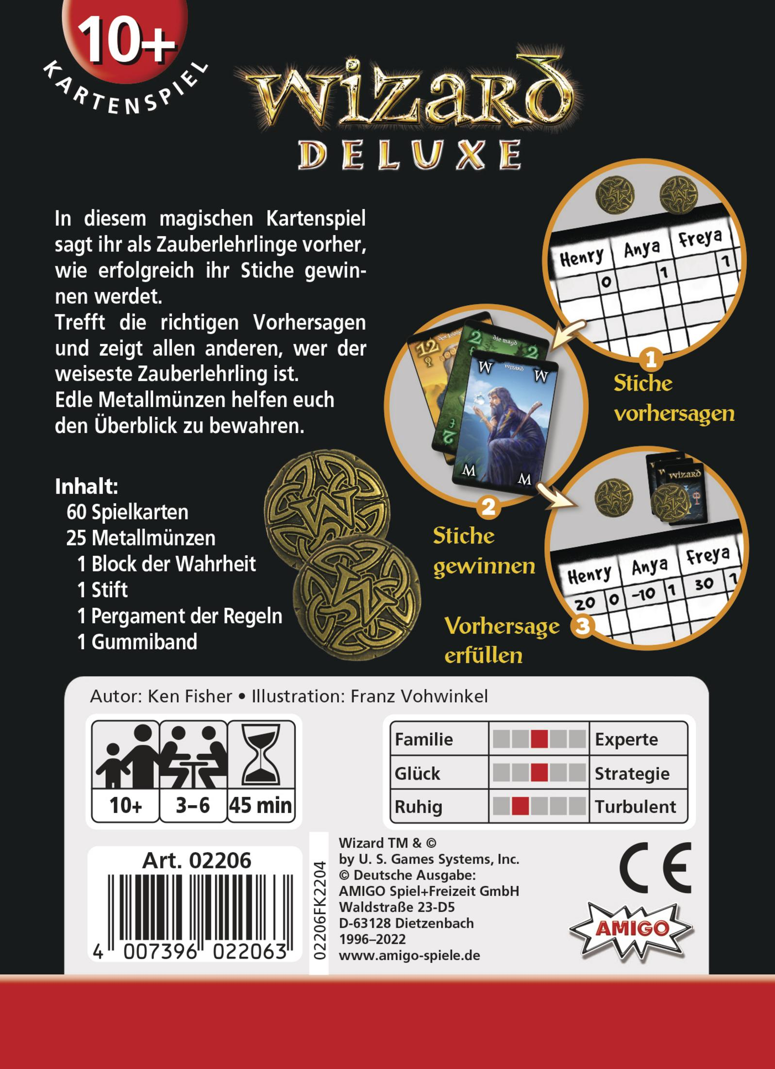 Die Rückseite einer Wizard Deluxe Kartenspielschachtel mit Spielinformationen.