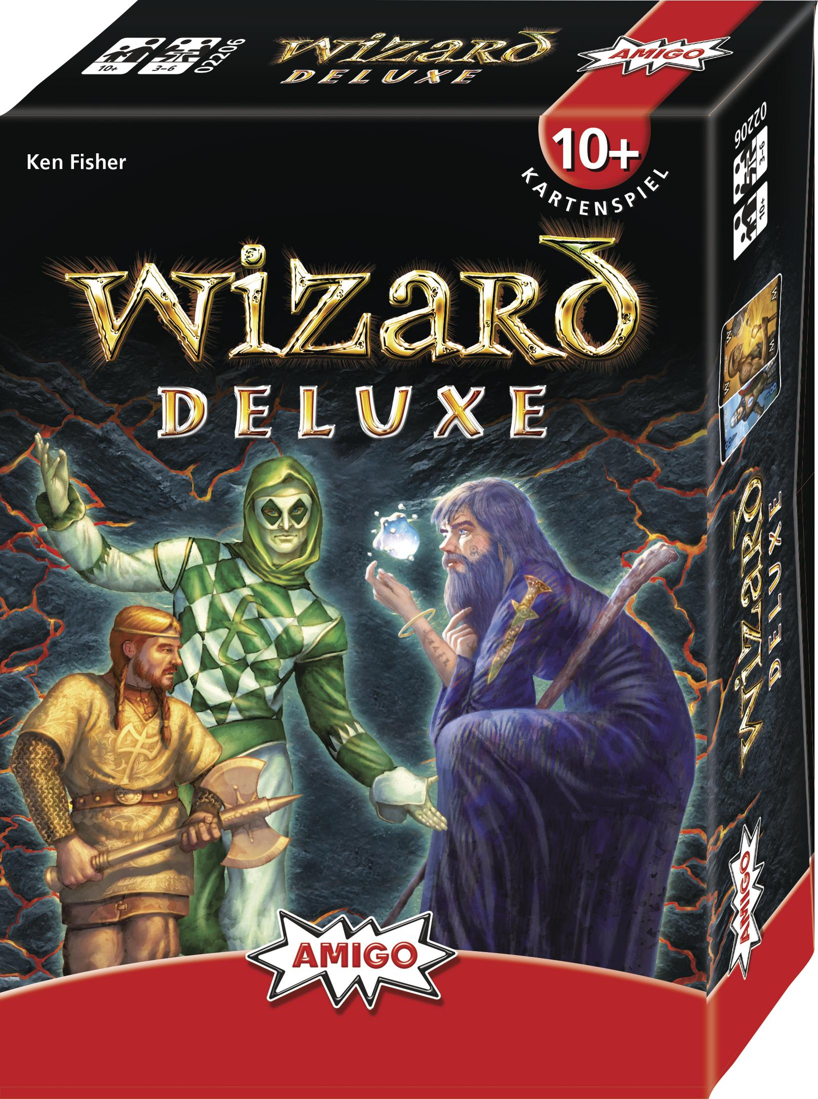 Eine Schachtel des Kartenspiels Wizard Deluxe. Es hat drei Figuren darauf. Das Amigo-Logo ist vorhanden.
