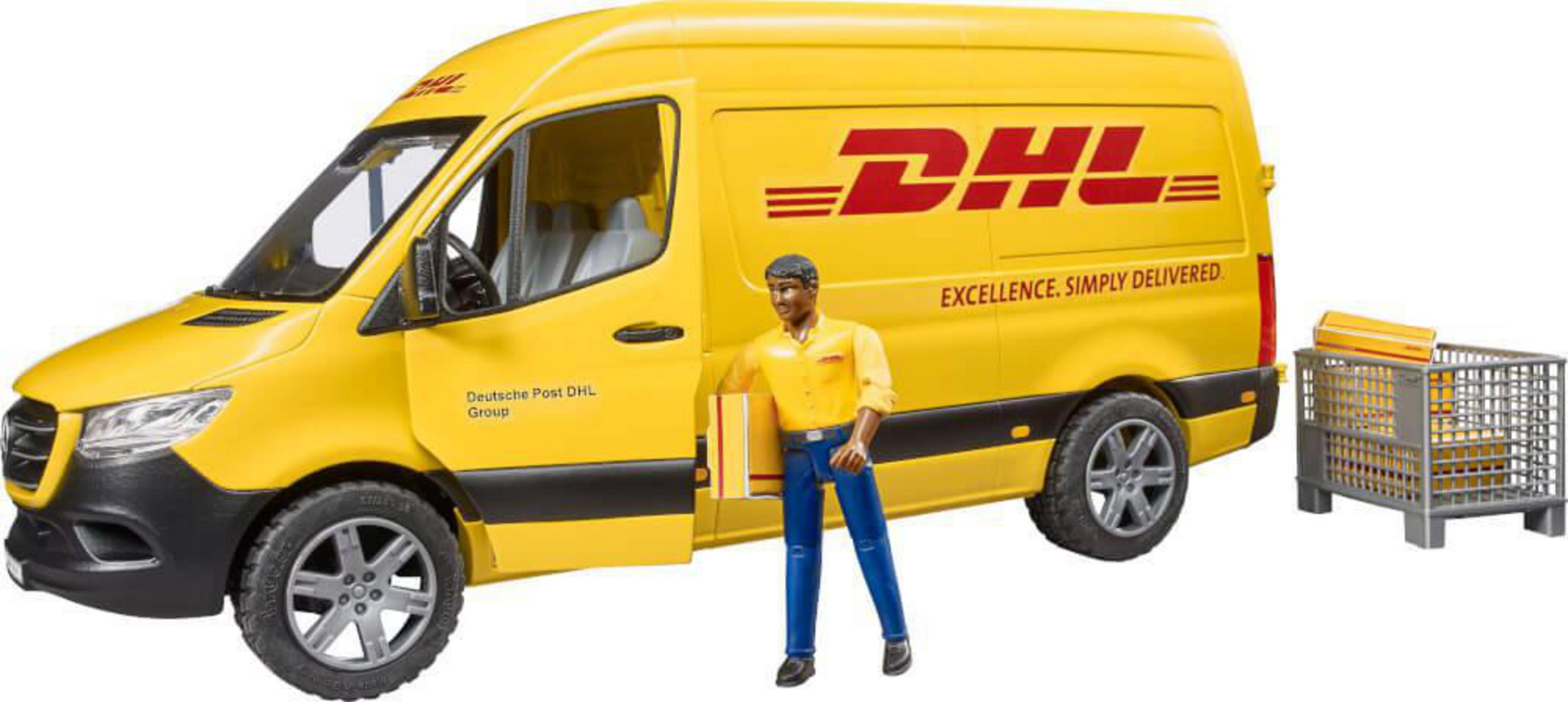 Samochód dostawczy DHL z mężczyzną obok i klatką z paczkami.