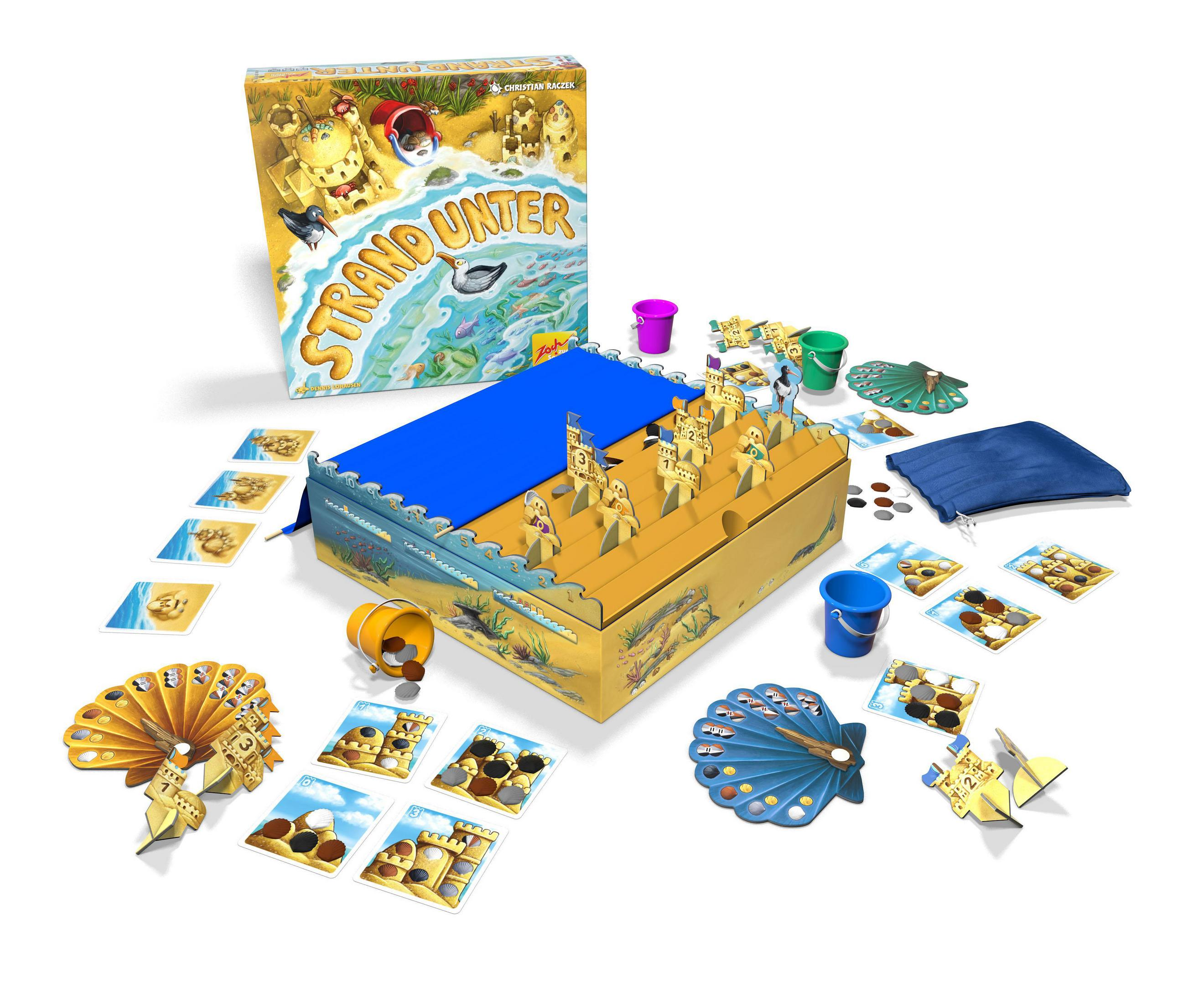 Ein Brettspiel mit Sandstrand-Thema. Enthält Karten, Eimer und ein Spielbrett.