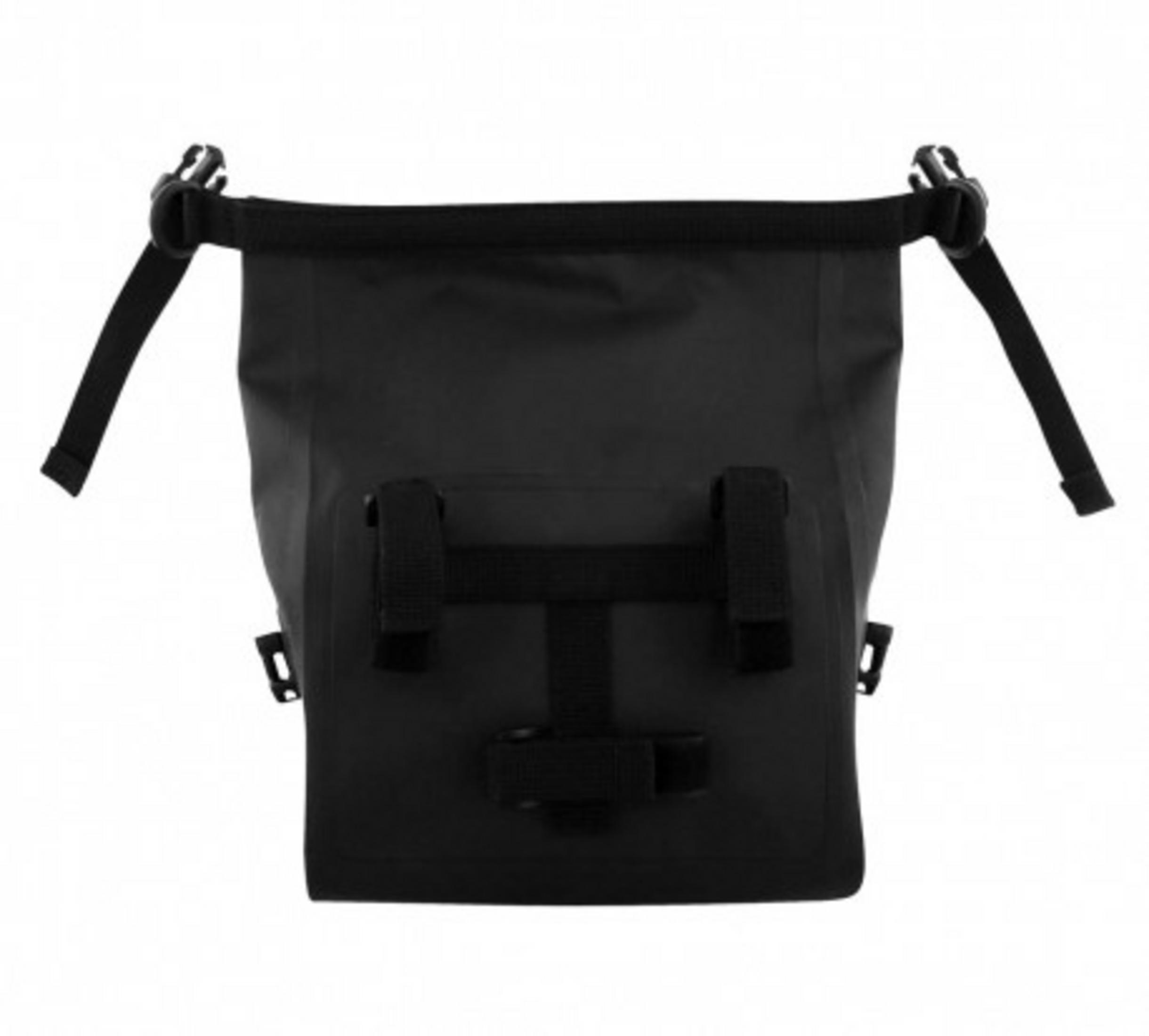 Schwarze wasserdichte Tasche mit Riemen und Schnallen. Quadratische Form.