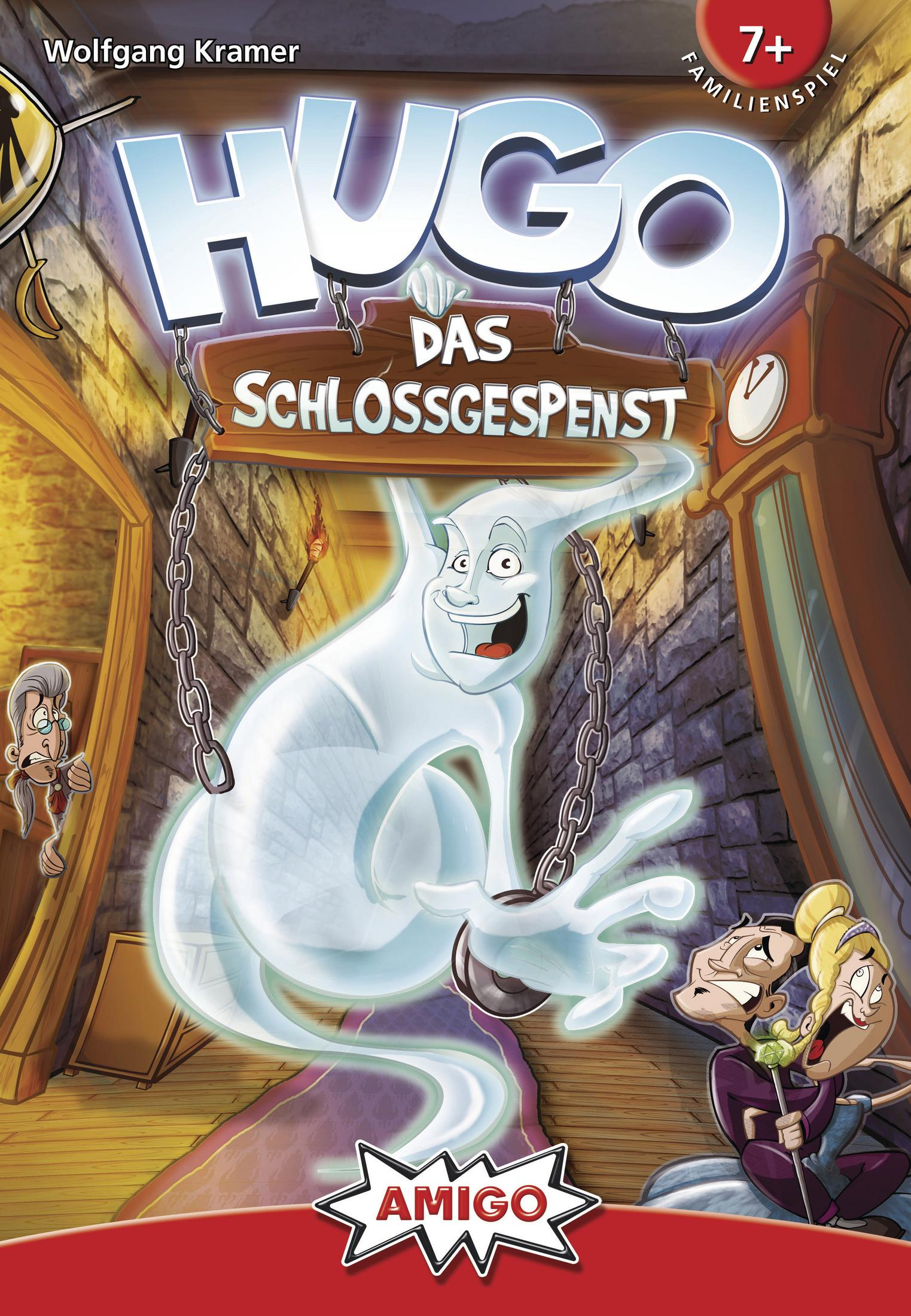 Hugo-Brettspielbox mit Cartoon-Geist, Schloss und Text auf Deutsch.
