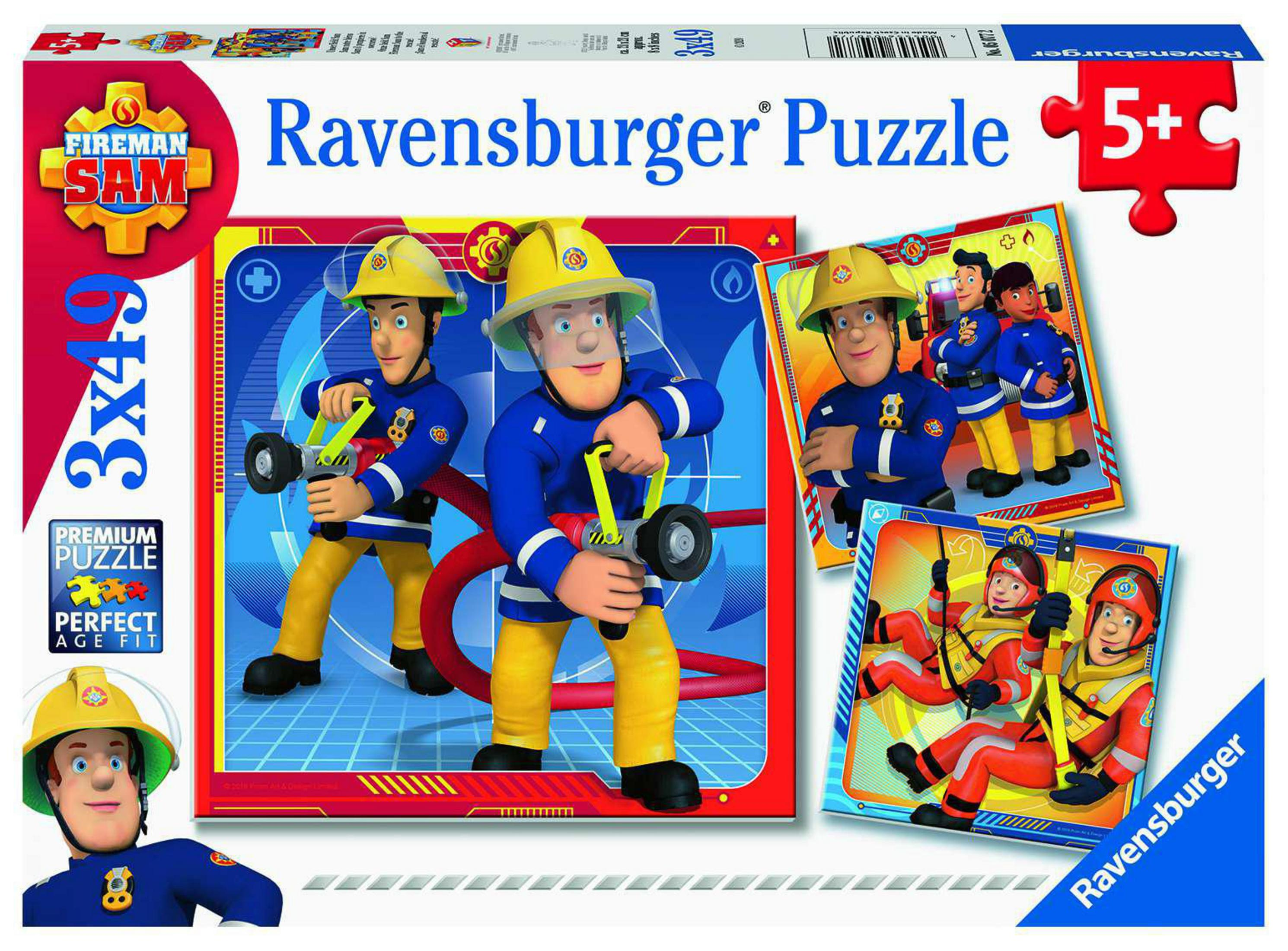 Puzzle Strażak Sam z trzema obrazkami strażaków. Ma czerwono-żółty design i logo Ravensburger.