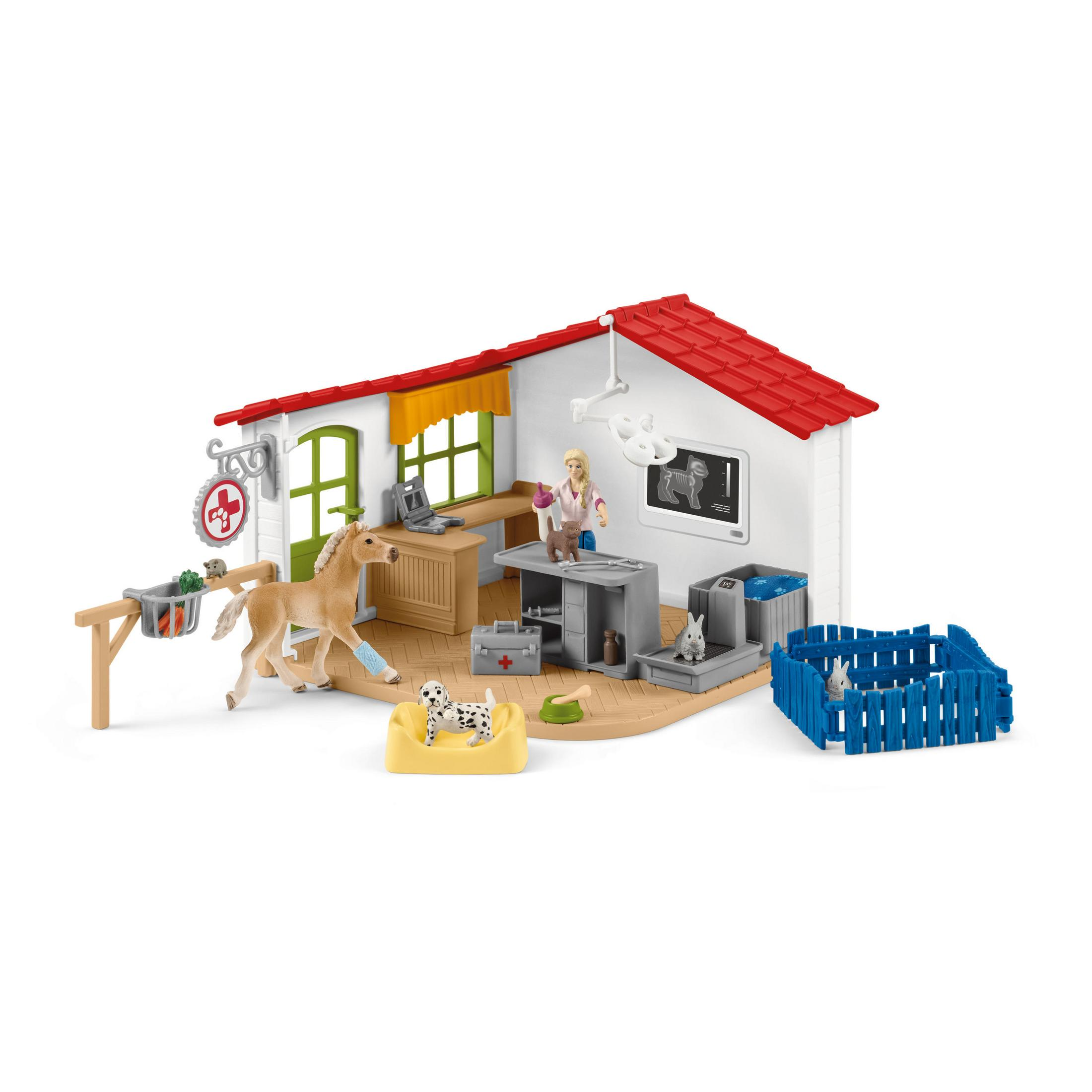 Toy vet clinic with horse, dog, and rabbits. A vet is examining the horse. Toys in a white environment.