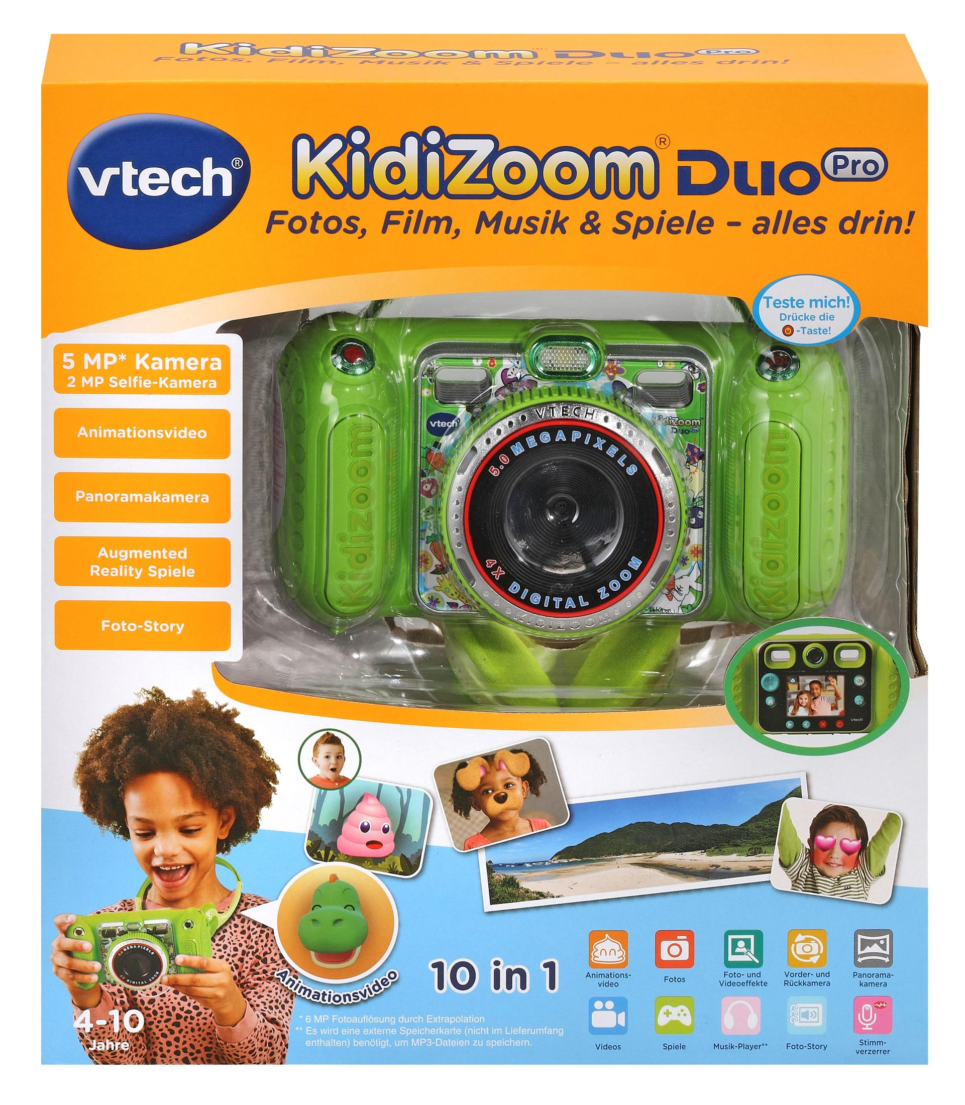 Grüne Kidizoom Duo Pro Kamera mit Karton. Kind mit Kamera in der Hand.