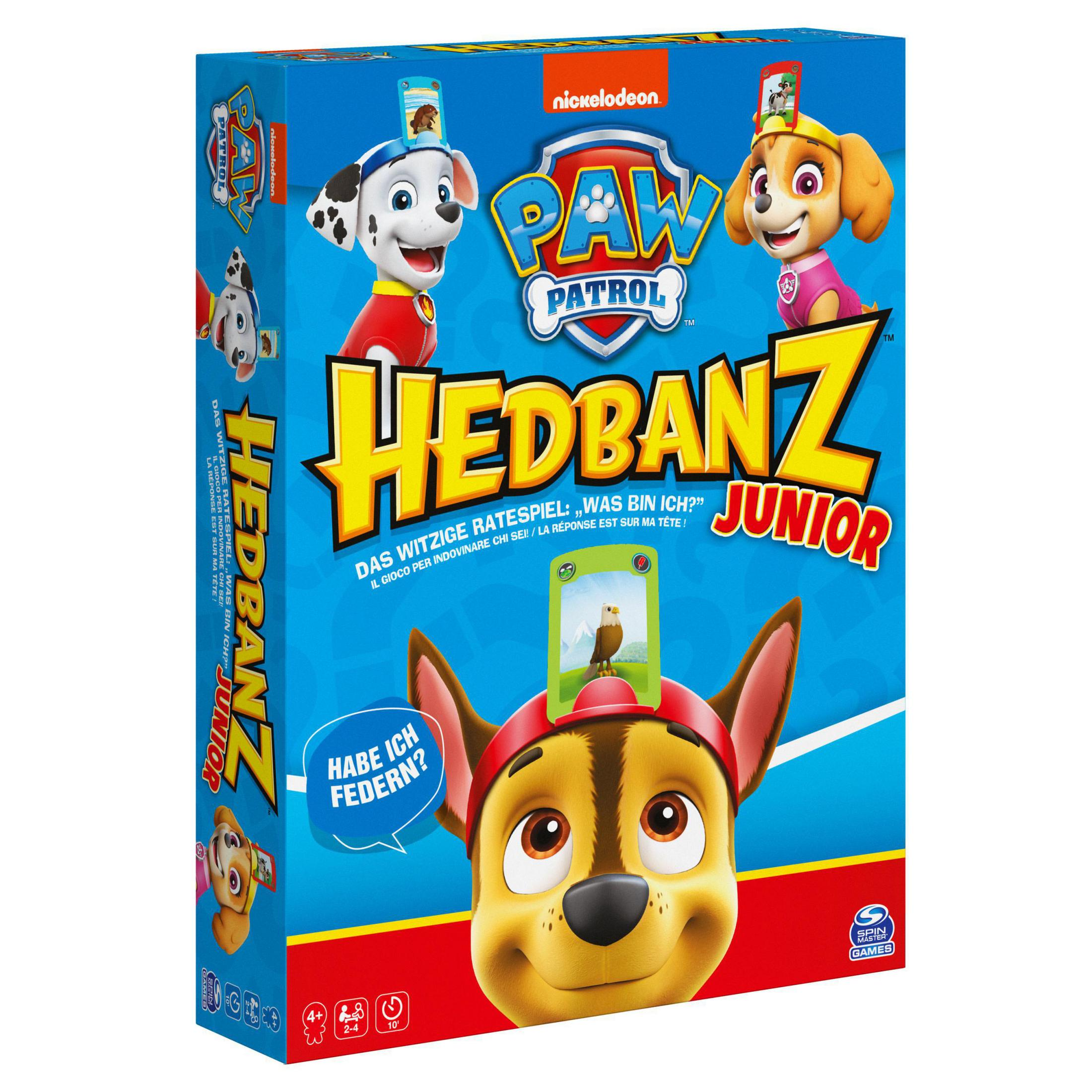 Hedbanz Junior Spielbox. Enthält Zeichentrickfiguren, Paw Patrol-Branding und Spielanweisungen.