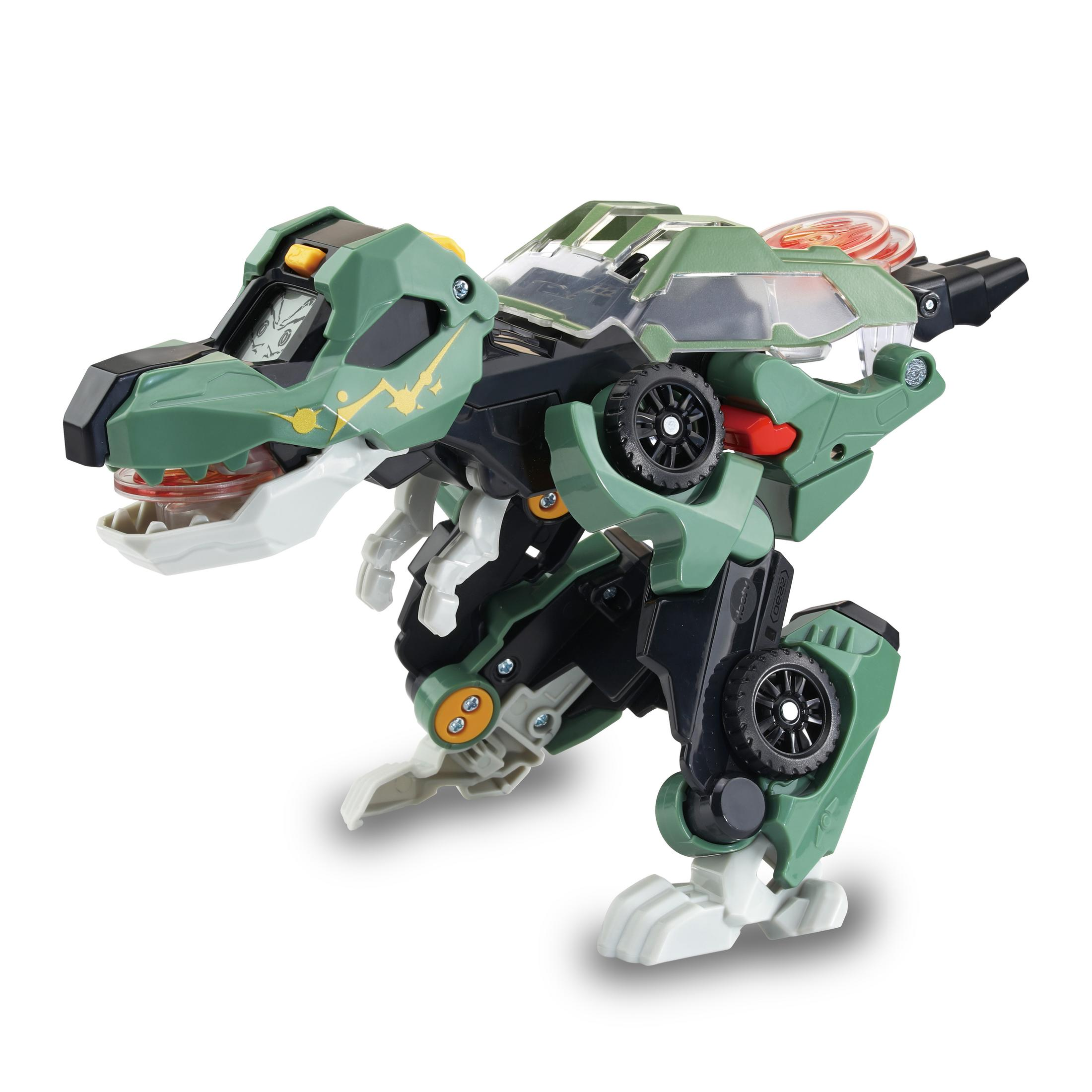 Grünes Spielzeug in Dinosaurierform, das sich in ein Auto verwandelt.