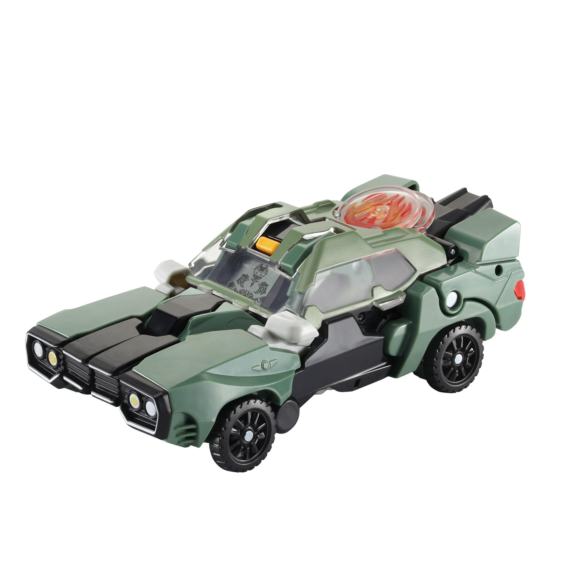 Grünes und schwarzes Spielzeugauto. Das Auto hat eine transparente, orangefarbene Kuppel.