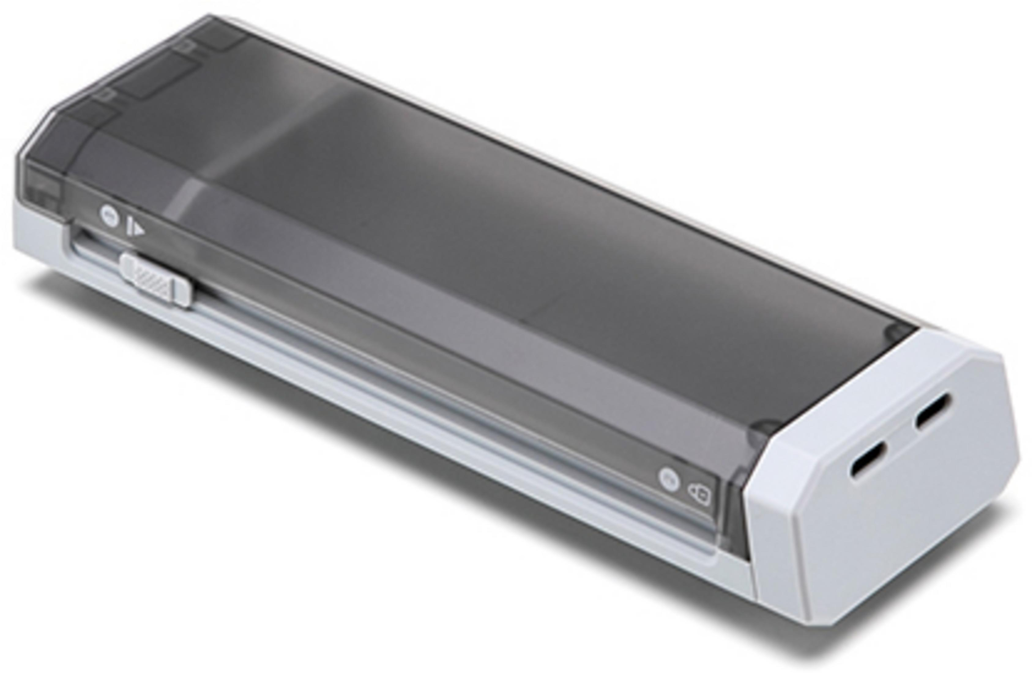 Ein weißes und graues rechteckiges Gerät mit klarer oberer Abdeckung und zwei USB-Anschlüssen.