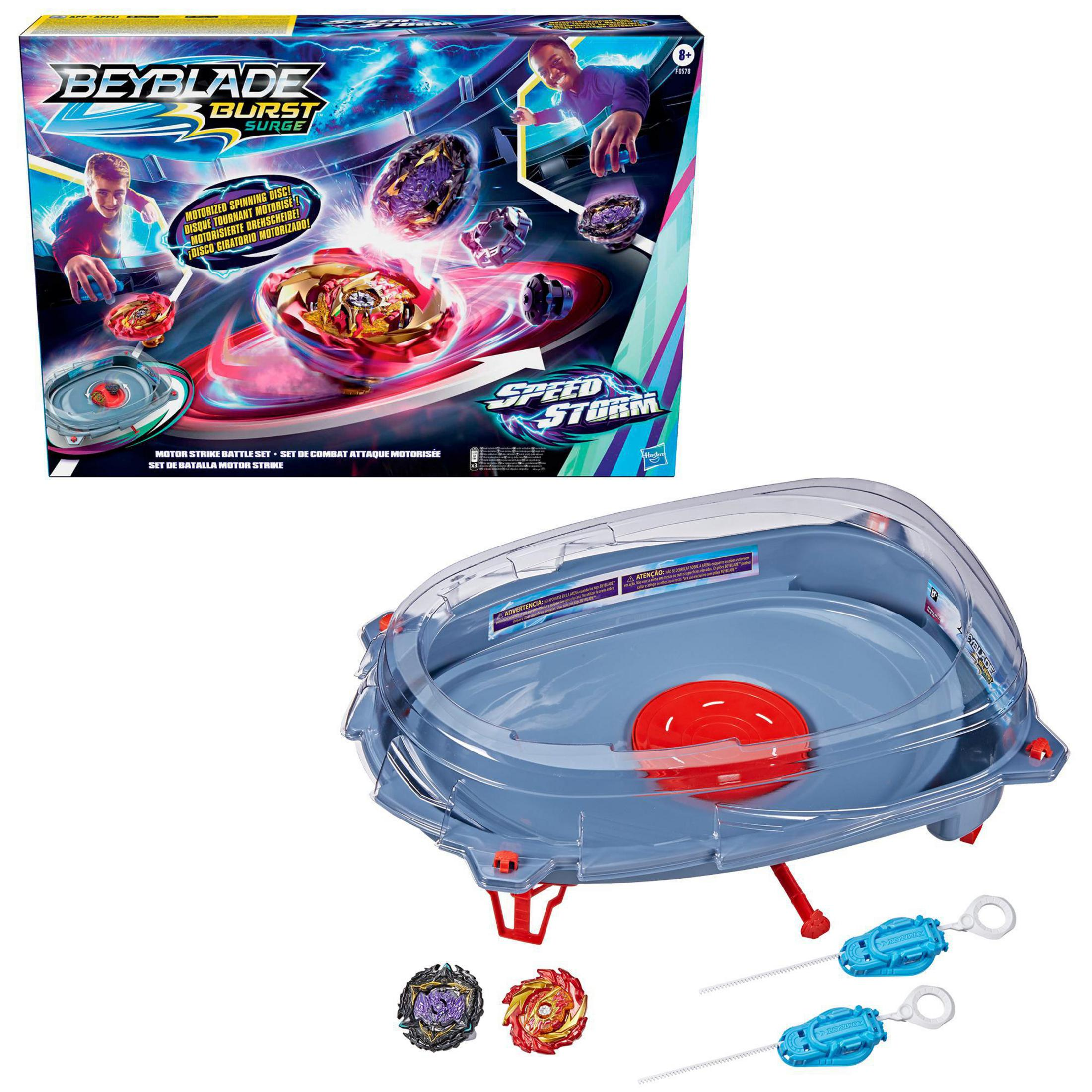 BeyBlade Burst Surge Set, Arena, Werfer und Kreisel. Box zeigt Action.