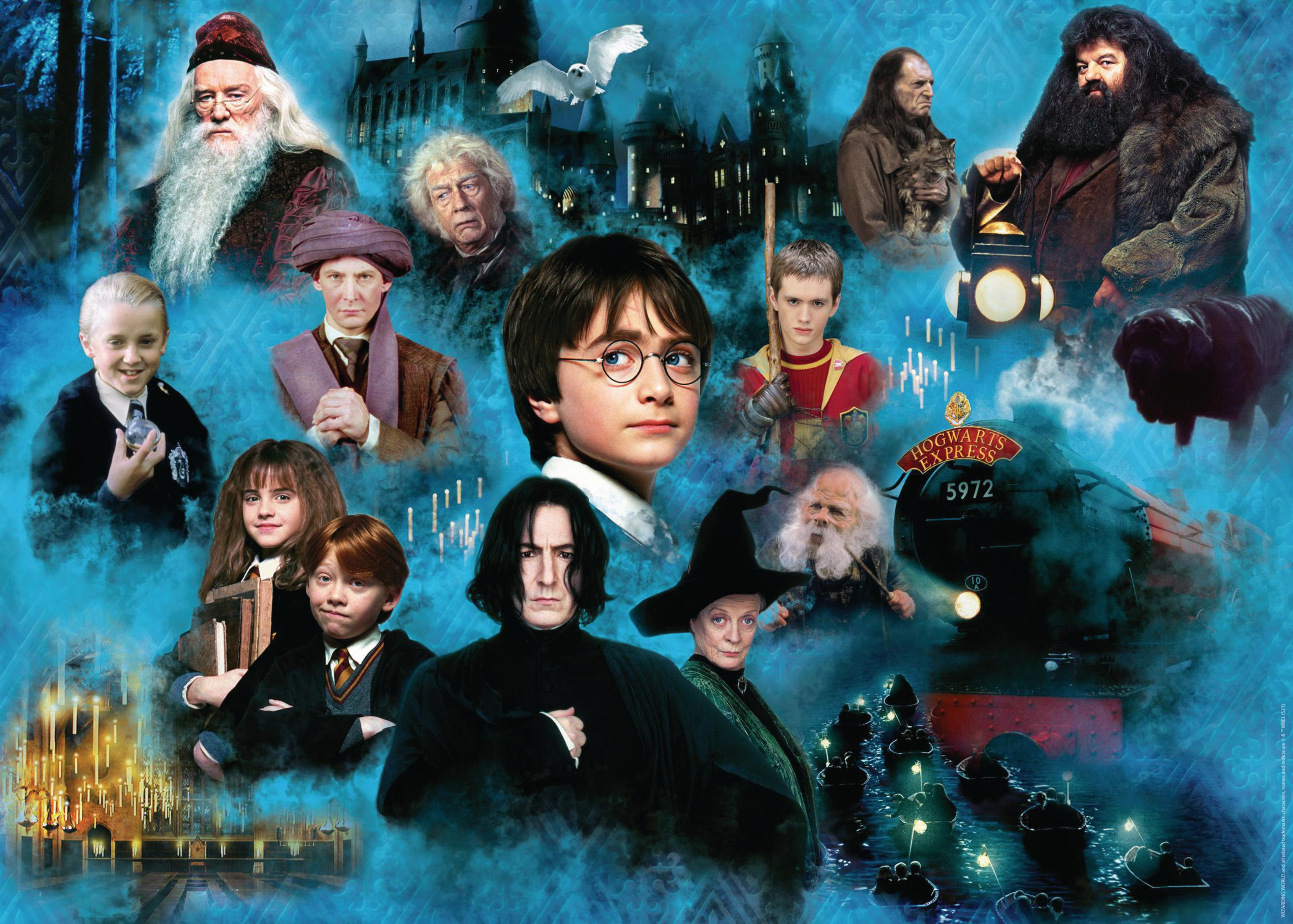 Kolaż postaci z Harry'ego Pottera: Harry, Hermiona, Ron, Snape, Dumbledore, Hagrid i inni.
