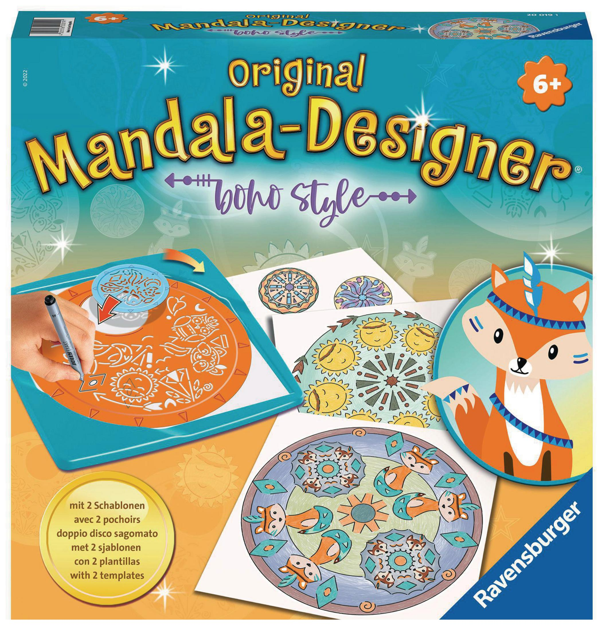 Caja Mandala Designer, con plantillas de diseño, un bolígrafo e ilustración de zorro.