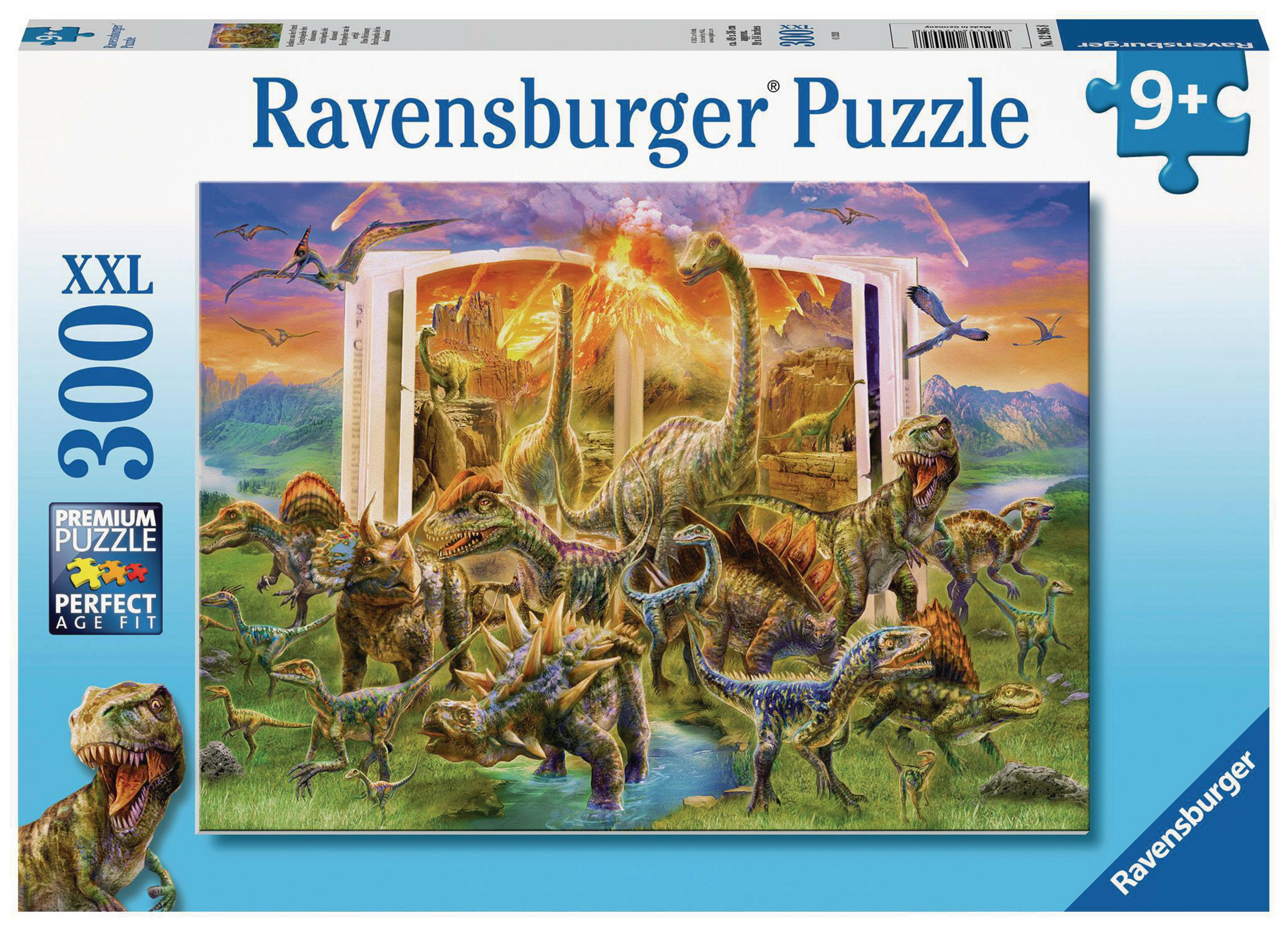 Puzzleschachtel mit Dinosaurierszene, Text 'Ravensburger Puzzle' und '300 XXL'.