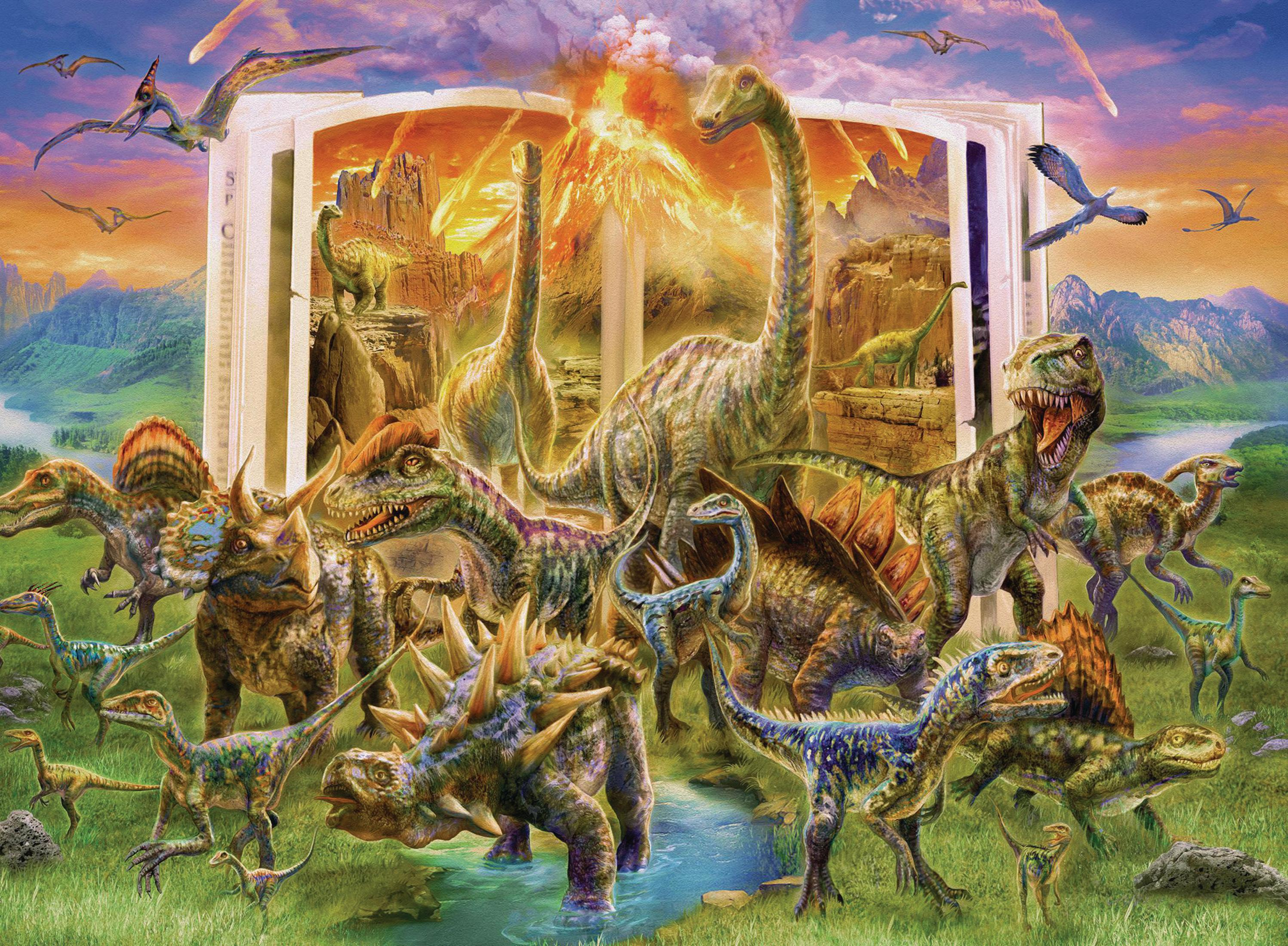 Eine farbenfrohe Dinosaurierszene mit verschiedenen Dinosauriern, einem Vulkan und einem Buch im Hintergrund.
