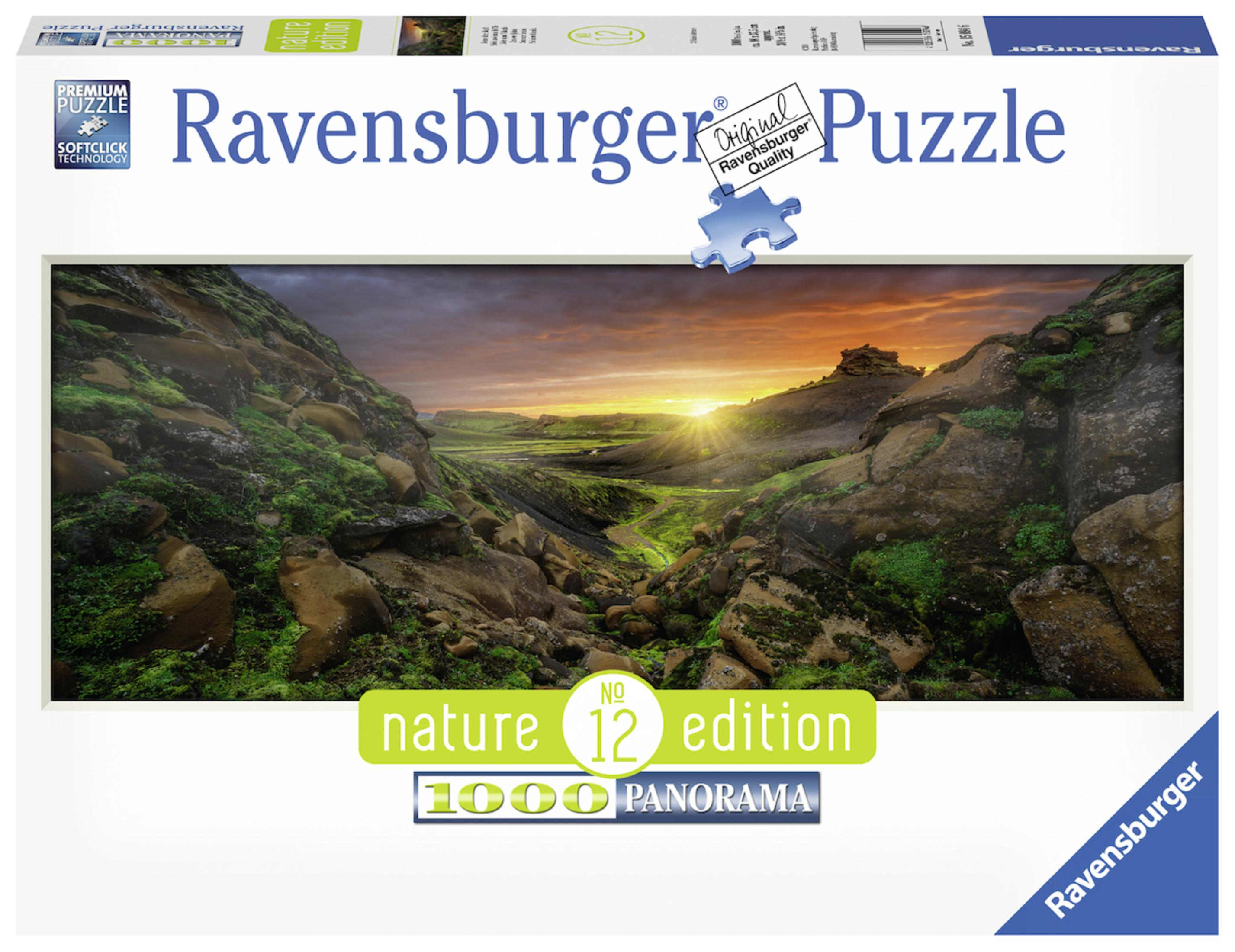Pudełko z puzzlami Ravensburger przedstawiające scenę natury ze wschodem słońca. Puzzle mają 1000 elementów.