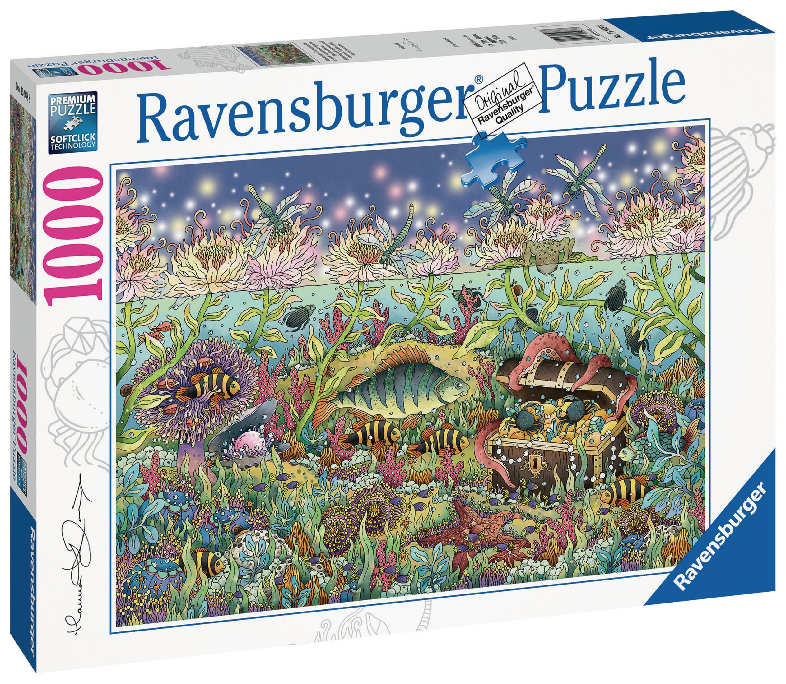 Pudełko z puzzlami z podwodną sceną z rybami, roślinami i skrzynią skarbów.