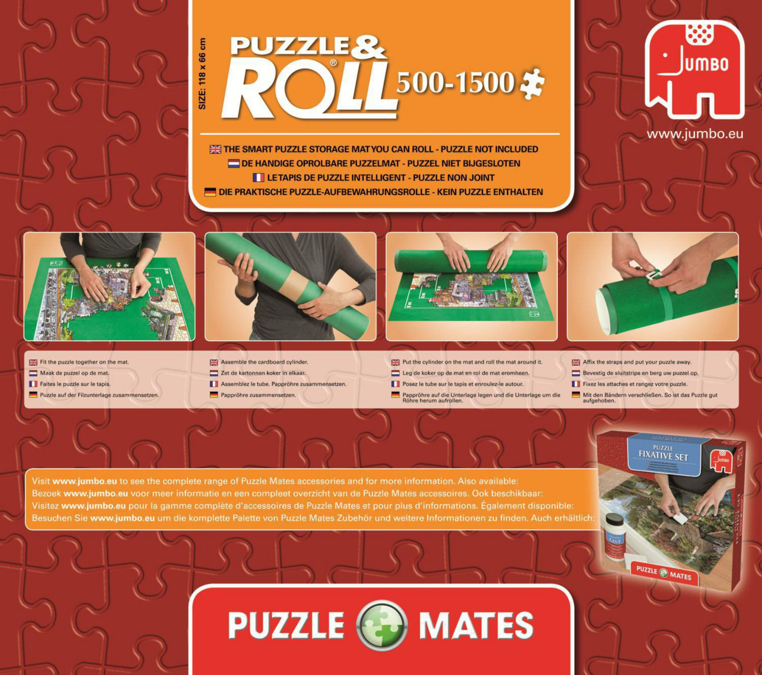 Puzzle & Roll mat met instructieafbeeldingen en een groene mat met puzzelstukjes.