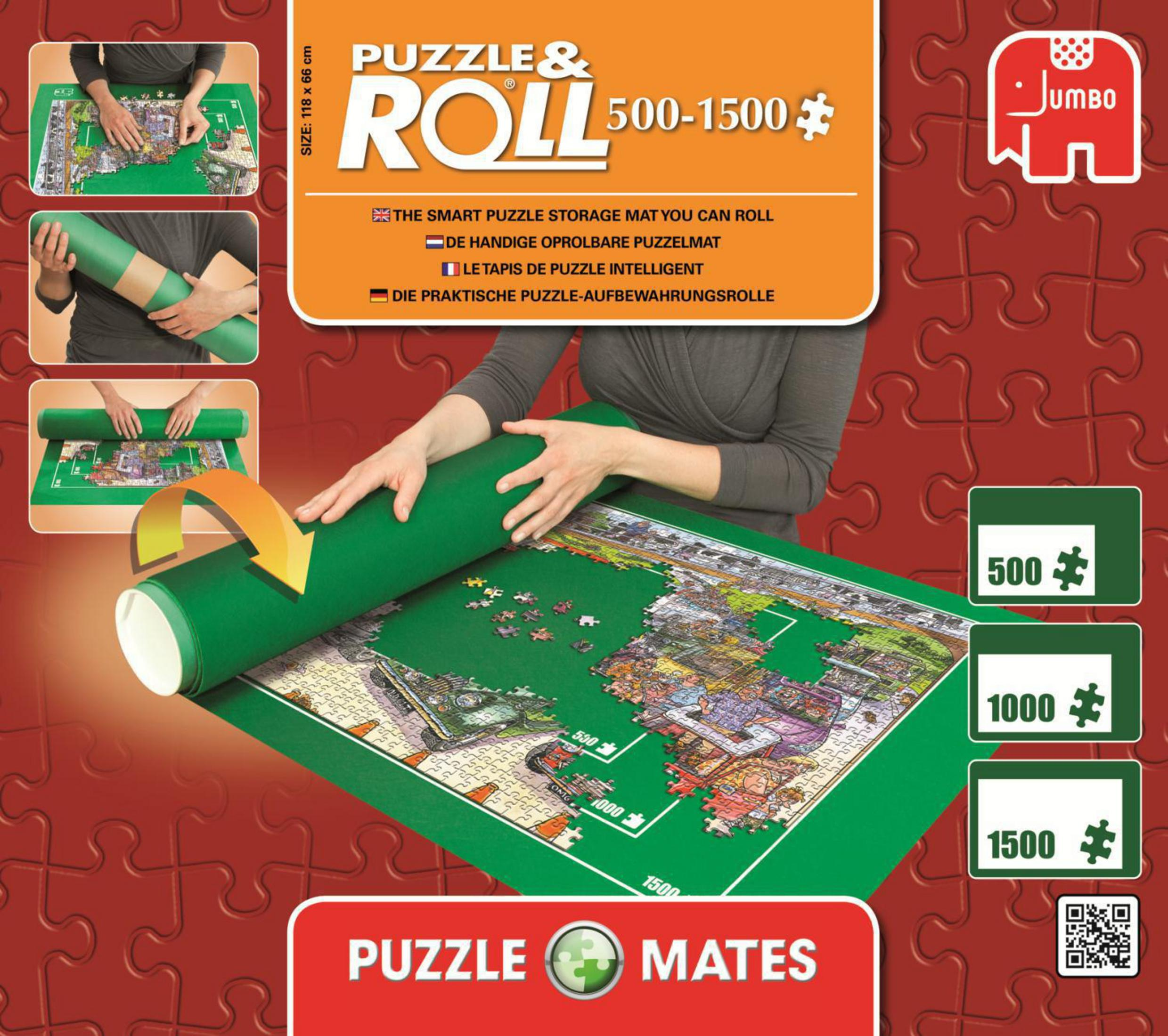 Puzzelrolmat met een gedeeltelijk voltooide puzzel. Groene mat, opgerolde puzzel.