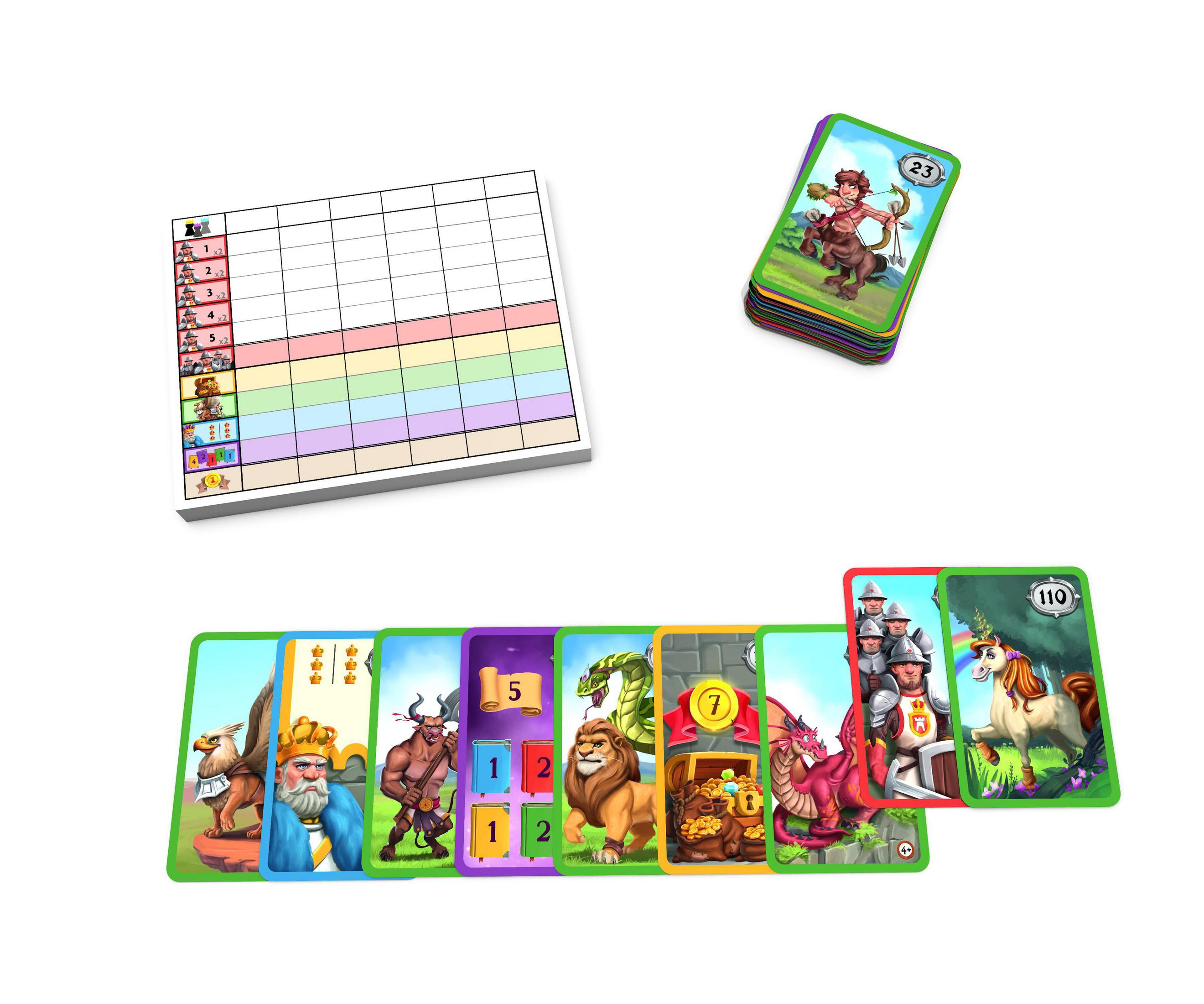 Kartenspiel-Setup, Wertungszettel, Zentaur-Karte und andere Fantasy-Karten.