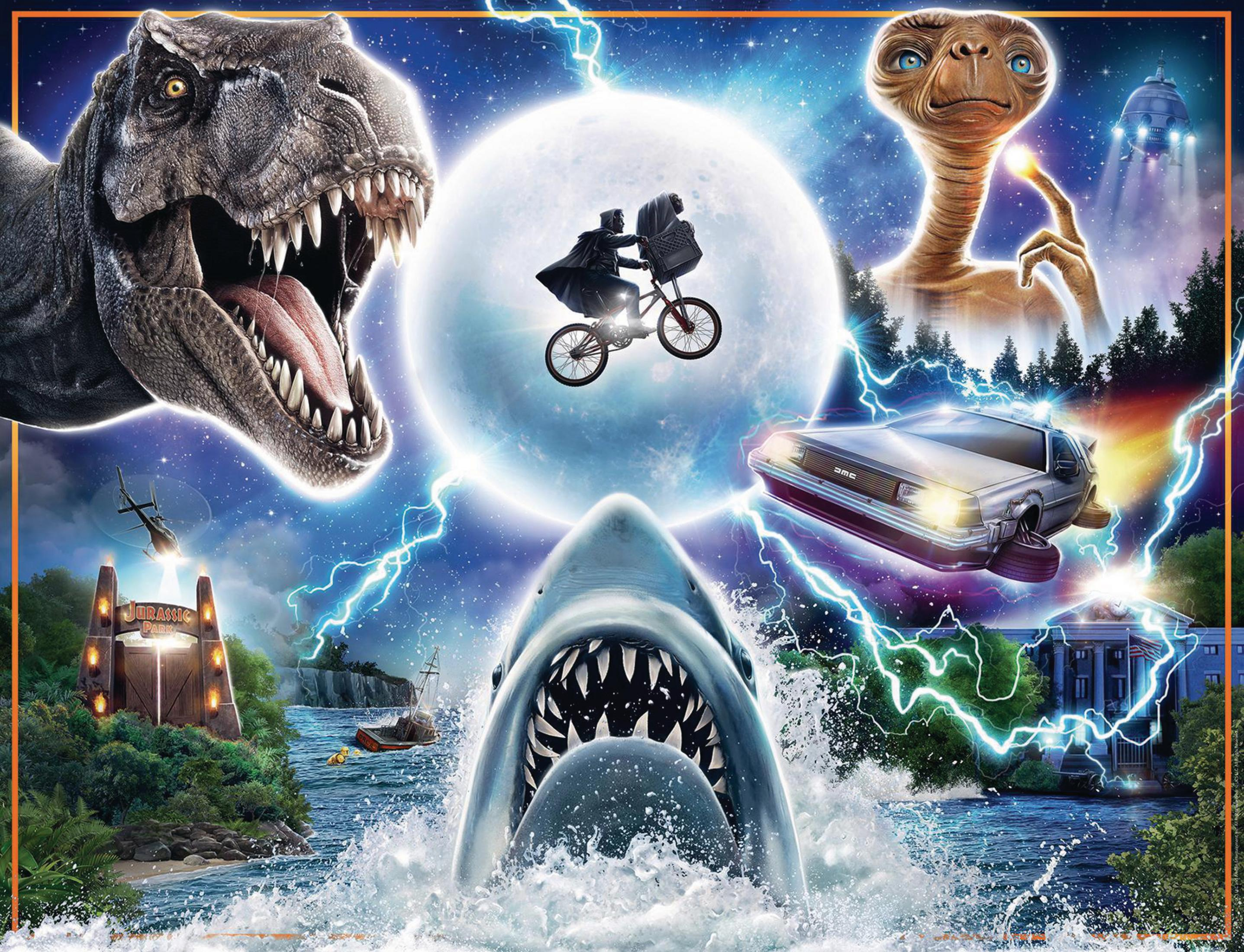 Plakat filmowy z postaciami takimi jak T-Rex, E.T. i rekin. Nocne niebo z błyskawicami.